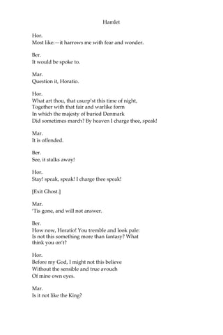 Hamlet
Mar.
Horatio says ‘tis but our fantasy,
And will not let belief take hold of him
Touching this dreaded sight, twice seen of us:
Therefore I have entreated him along
With us to watch the minutes of this night;
That, if again this apparition come
He may approve our eyes and speak to it.
Hor.
Tush, tush, ‘twill not appear.
Ber.
Sit down awhile,
And let us once again assail your ears,
That are so fortified against our story,
What we two nights have seen.
Hor.
Well, sit we down,
And let us hear Bernardo speak of this.
Ber.
Last night of all,
When yond same star that’s westward from the pole
Had made his course to illume that part of heaven
Where now it burns, Marcellus and myself,
The bell then beating one,—
Mar.
Peace, break thee off; look where it comes again!
[Enter Ghost, armed.]
Ber.
In the same figure, like the king that’s dead.
Mar.
Thou art a scholar; speak to it, Horatio.
Ber.
Looks it not like the King? mark it, Horatio.
 