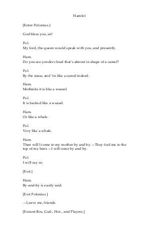 Hamlet
[Enter Polonius.]
God bless you, sir!
Pol.
My lord, the queen would speak with you, and presently.
Ham.
Do you see yonder cloud that’s almost in shape of a camel?
Pol.
By the mass, and ‘tis like a camel indeed.
Ham.
Methinks it is like a weasel.
Pol.
It is backed like a weasel.
Ham.
Or like a whale.
Pol.
Very like a whale.
Ham.
Then will I come to my mother by and by.—They fool me to the
top of my bent.—I will come by and by.
Pol.
I will say so.
[Exit.]
Ham.
By-and-by is easily said.
[Exit Polonius.]
—Leave me, friends.
[Exeunt Ros, Guil., Hor., and Players.]
 