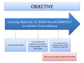 OBJECTIVE
Learning Objective: To ZOOM IN and ZOOM OUT
on Hamlet’s final soliloquy
I know Hamlet’s flaws
I can identify and
explain how Hamlet is
using language to show
these flaws
I can analyse how the
language used by Hamlet
conveys his tragic flaw
This is our success criteria of the day
 