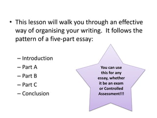 • This lesson will walk you through an effective
way of organising your writing. It follows the
pattern of a five-part essay:
– Introduction
– Part A
– Part B
– Part C
– Conclusion
You can use
this for any
essay, whether
it be an exam
or Controlled
Assessment!!!
 