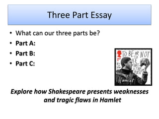 Three Part Essay
• What can our three parts be?
• Part A:
• Part B:
• Part C:
Explore how Shakespeare presents weaknesses
and tragic flaws in Hamlet
 