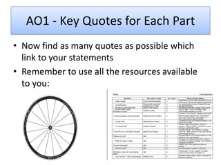 AO1 - Key Quotes for Each Part
• Now find as many quotes as possible which
link to your statements
• Remember to use all the resources available
to you:
 
