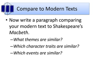 Compare to Modern Texts
• Now write a paragraph comparing
your modern text to Shakespeare’s
Macbeth.
–What themes are similar?
–Which character traits are similar?
–Which events are similar?
 