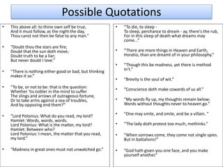 Possible Quotations
• This above all: to thine own self be true,
And it must follow, as the night the day,
Thou canst not then be false to any man.”
• “Doubt thou the stars are fire;
Doubt that the sun doth move;
Doubt truth to be a liar;
But never doubt I love.”
• “There is nothing either good or bad, but thinking
makes it so.”
• “To be, or not to be: that is the question:
Whether 'tis nobler in the mind to suffer
The slings and arrows of outrageous fortune,
Or to take arms against a sea of troubles,
And by opposing end them?”
• “Lord Polonius: What do you read, my lord?
Hamlet: Words, words, words.
Lord Polonius: What is the matter, my lord?
Hamlet: Between who?
Lord Polonius: I mean, the matter that you read,
my lord.”
• “Madness in great ones must not unwatched go.”
• “To die, to sleep -
To sleep, perchance to dream - ay, there's the rub,
For in this sleep of death what dreams may
come...”
• “There are more things in Heaven and Earth,
Horatio, than are dreamt of in your philosophy.”
• “Though this be madness, yet there is method
in't.”
• “Brevity is the soul of wit.”
• “Conscience doth make cowards of us all.”
• “My words fly up, my thoughts remain below:
Words without thoughts never to heaven go.”
• “One may smile, and smile, and be a villain. ”
• “The lady doth protest too much, methinks.”
• “When sorrows come, they come not single spies.
But in battalions!”
• “God hath given you one face, and you make
yourself another.”
 