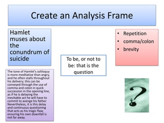 Create an Analysis Frame
Hamlet
muses about
the
conundrum of
suicide To be, or not to
be: that is the
question
• Repetition
• comma/colon
• brevity
The tone of Hamlet's soliloquy
is more meditative than angry,
and he often stalls throughout
his delivery; this can be
conveyed through the use of
comma and colon in quick
succession in the opening line,
as if he is delaying the
inevitable act he will have to
commit to avenge his father.
Nevertheless, it is this delay
and continuous questioning
that acts as his tragic flaw,
ensuring his own downfall is
not far away.
 