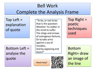 Bell Work
Complete the Analysis Frame
Top Left =
explanation
of quote
“To be, or not to be:
that is the question:
Whether 'tis nobler in
the mind to suffer
The slings and arrows
of outrageous fortune,
Or to take arms
against a sea of
troubles,
And by opposing end
them?”
Top Right =
poetic
techniques
used
Bottom
Right= draw
an image of
the line
Bottom Left =
analyse the
quote
Need help?
 