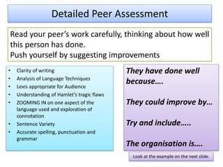 Detailed Peer Assessment
• Clarity of writing
• Analysis of Language Techniques
• Lexis appropriate for Audience
• Understanding of Hamlet’s tragic flaws
• ZOOMING IN on one aspect of the
language used and exploration of
connotation
• Sentence Variety
• Accurate spelling, punctuation and
grammar
Read your peer’s work carefully, thinking about how well
this person has done.
Push yourself by suggesting improvements
They have done well
because….
They could improve by…
Try and include…..
The organisation is….
Look at the example on the next slide.
 