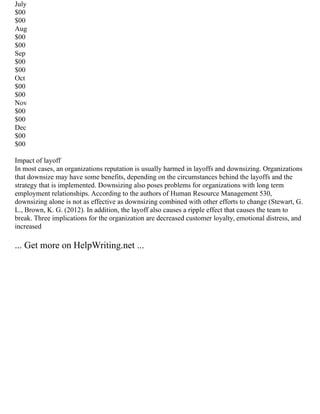 July
$00
$00
Aug
$00
$00
Sep
$00
$00
Oct
$00
$00
Nov
$00
$00
Dec
$00
$00
Impact of layoff
In most cases, an organizations reputation is usually harmed in layoffs and downsizing. Organizations
that downsize may have some benefits, depending on the circumstances behind the layoffs and the
strategy that is implemented. Downsizing also poses problems for organizations with long term
employment relationships. According to the authors of Human Resource Management 530,
downsizing alone is not as effective as downsizing combined with other efforts to change (Stewart, G.
L., Brown, K. G. (2012). In addition, the layoff also causes a ripple effect that causes the team to
break. Three implications for the organization are decreased customer loyalty, emotional distress, and
increased
... Get more on HelpWriting.net ...
 