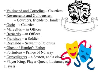 • Voltimand and Cornelius – Courtiers
• Rosencrantz and Guildenstern
– Courtiers, friends to Hamlet.
• Osric – a Courtier
• Marcellus – an Officer
• Bernardo – an Officer
• Francisco – a Soldier
• Reynaldo – Servant to Polonius
• Ghost of Hamlet’s Father
• Fortinbras – Prince of Norway
• Gravediggers – a Sexton, and a clown.
• Player King, Player Queen, Lucianus, etc. –
Players
 