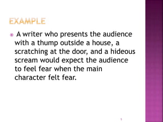  A writer who presents the audience
with a thump outside a house, a
scratching at the door, and a hideous
scream would expect the audience
to feel fear when the main
character felt fear.
5
 