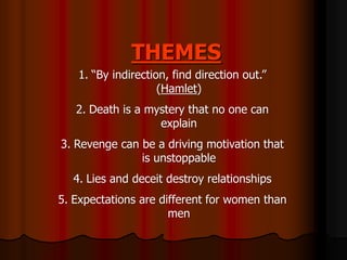 THEMES
1. “By indirection, find direction out.”
(Hamlet)
2. Death is a mystery that no one can
explain
3. Revenge can be a driving motivation that
is unstoppable
4. Lies and deceit destroy relationships
5. Expectations are different for women than
men
 