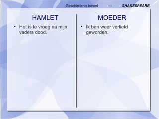 HAMLET Het is te vroeg na mijn vaders dood. MOEDER Ik ben weer verliefd geworden. Geschiedenis toneel  ---  SHAKESPEARE 