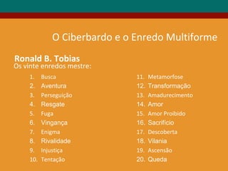 Ronald B. Tobias
1. Busca
2. Aventura
3. Perseguição
4. Resgate
5. Fuga
6. Vingança
7. Enigma
8. Rivalidade
9. Injustiça
10. Tentação
11. Metamorfose
12. Transformação
13. Amadurecimento
14. Amor
15. Amor Proibido
16. Sacrifício
17. Descoberta
18. Vilania
19. Ascensão
20. Queda
Os vinte enredos mestre:
O Ciberbardo e o Enredo Multiforme
 