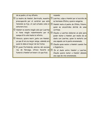 de su padre, el rey difunto.
 La madre de Hamlet, Gertrudis, muestra
preocupación por el carácter que esta
teniendo su hijo, el cual actuaba como si
estuviera loco.
 Hamlet no siente ningún odio por Laertes
ni tiene ningún resentimiento por él,
aunque él lo odio hasta lo infinito.
 Horacio, quiere morir junto con Hamlet,
ya que él era su mejor amigo, además era
quien le daba el mejor de los tratos.
 El joven Fortimbrás, sobrino del anciano
rey de Noruega, ofrece hacerle un
funeral a Hamlet en honor a lo que hizo.
rezando.
 Laertes, culpa a Hamlet por el suicidio de
su hermana Ofelia y quiere vengarse.
 Hamlet mata al padre de Ofelia, Polonio,
quien se encontraba detrás de unas
cortinas.
 Claudio y Laertes elaboran un plan para
poder matar a Hamlet, por medio de un
duelo con Laertes, quien lo mataría con
una espada con la punta envenenada.
 Claudio quiso matar a Hamlet cuando fue
a Inglaterra.
 En el duelo entre Hamlet y Laertes,
Claudio quiere matar a Hamlet dándole
una copa de vino envenenada.
 