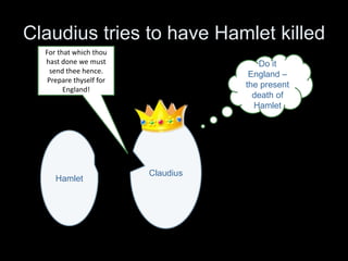 Theme Development
There are two main themes
present in Act 3 Scene 1 of
Hamlet. The two main themes
are, Appearance vs. Reality
and Action & Inaction.
Appearance vs. Reality is
apparent in line 47 in which
Polonius tells Ophelia that
people use appearance to
“sugar o’er the devil” Following
this line in like 52 Claudius
privately admits that he is
feeling guilt, which proves that
Polonius cant tell the difference
between Appearance and
Reality.
 