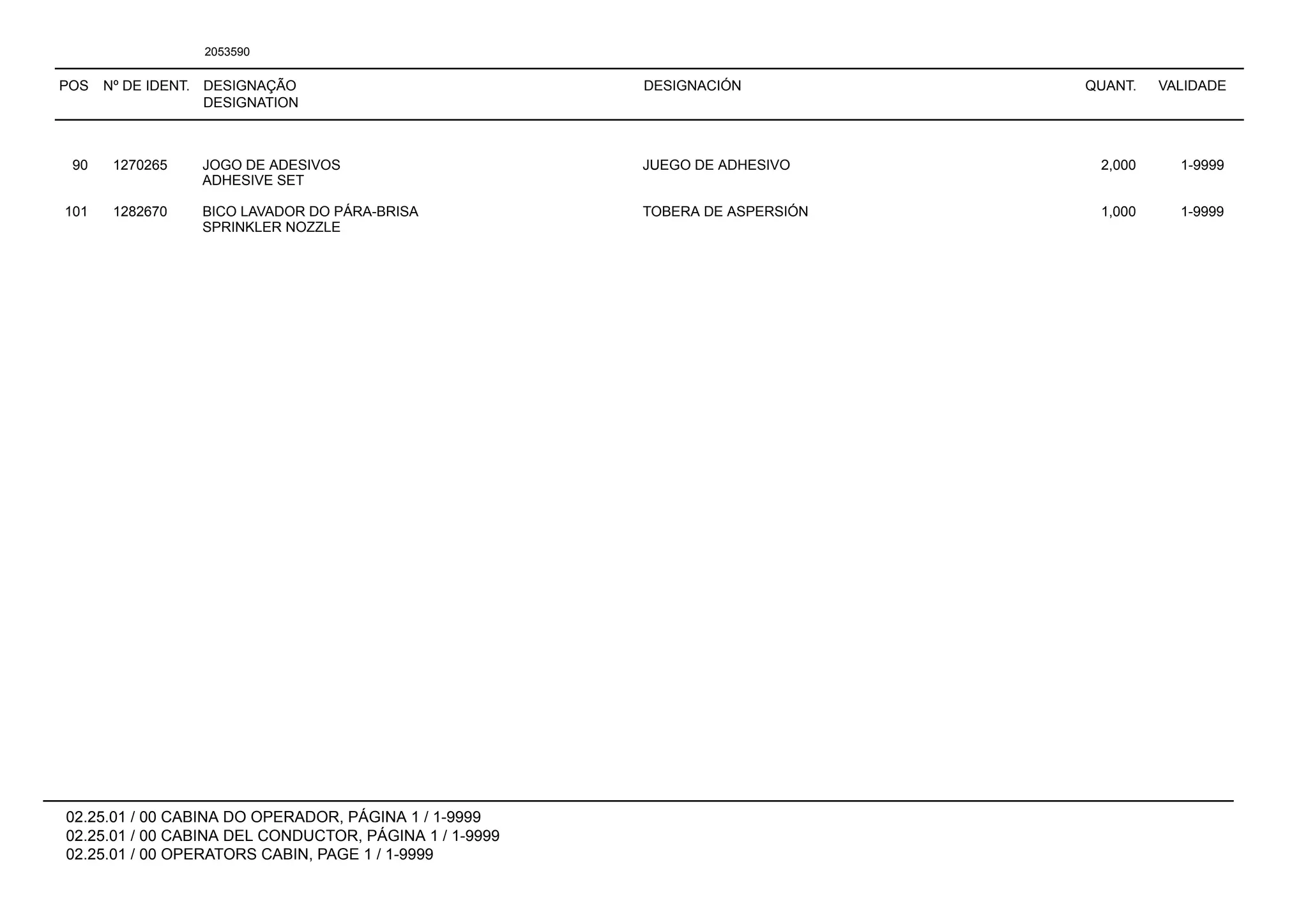 POS Nº DE IDENT. DESIGNAÇÃO
DESIGNATION
DESIGNACIÓN QUANT. VALIDADE
02.25.01 / 00 CABINA DO OPERADOR, PÁGINA 1 / 1-9999
02.25.01 / 00 CABINA DEL CONDUCTOR, PÁGINA 1 / 1-9999
02.25.01 / 00 OPERATORS CABIN, PAGE 1 / 1-9999
2053590
90 1270265 JOGO DE ADESIVOS JUEGO DE ADHESIVO 2,000 1-9999
ADHESIVE SET
101 1282670 BICO LAVADOR DO PÁRA-BRISA TOBERA DE ASPERSIÓN 1,000 1-9999
SPRINKLER NOZZLE
 
