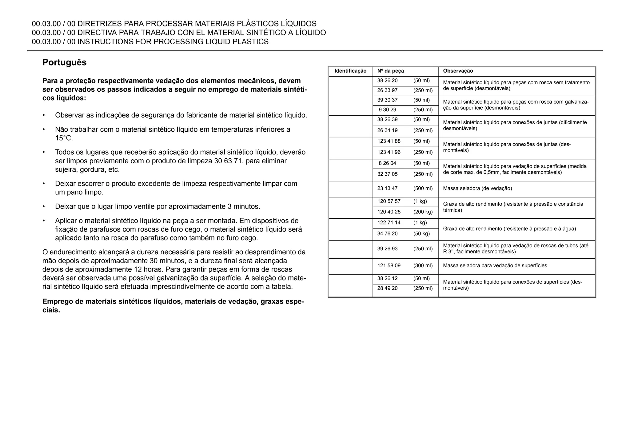 00.03.00 / 00 DIRETRIZES PARA PROCESSAR MATERIAIS PLÁSTICOS LÍQUIDOS
00.03.00 / 00 DIRECTIVA PARA TRABAJO CON EL MATERIAL SINTÉTICO A LÍQUIDO
00.03.00 / 00 INSTRUCTIONS FOR PROCESSING LIQUID PLASTICS
Português
Para a proteção respectivamente vedação dos elementos mecânicos, devem
ser observados os passos indicados a seguir no emprego de materiais sintéti-
cos líquidos:
• Observar as indicações de segurança do fabricante de material sintético líquido.
• Não trabalhar com o material sintético líquido em temperaturas inferiores a
15°C.
• Todos os lugares que receberão aplicação do material sintético líquido, deverão
ser limpos previamente com o produto de limpeza 30 63 71, para eliminar
sujeira, gordura, etc.
• Deixar escorrer o produto excedente de limpeza respectivamente limpar com
um pano limpo.
• Deixar que o lugar limpo ventile por aproximadamente 3 minutos.
• Aplicar o material sintético líquido na peça a ser montada. Em dispositivos de
fixação de parafusos com roscas de furo cego, o material sintético líquido será
aplicado tanto na rosca do parafuso como também no furo cego.
O endurecimento alcançará a dureza necessária para resistir ao desprendimento da
mão depois de aproximadamente 30 minutos, e a dureza final será alcançada
depois de aproximadamente 12 horas. Para garantir peças em forma de roscas
deverá ser observada uma possível galvanização da superfície. A seleção do mate-
rial sintético líquido será efetuada imprescindivelmente de acordo com a tabela.
Emprego de materiais sintéticos líquidos, materiais de vedação, graxas espe-
ciais.
Identificação Nº da peça Observação
38 26 20 (50 ml) Material sintético líquido para peças com rosca sem tratamento
de superfície (desmontáveis)
26 33 97 (250 ml)
39 30 37 (50 ml) Material sintético líquido para peças com rosca com galvaniza-
ção da superfície (desmontáveis)
9 30 29 (250 ml)
38 26 39 (50 ml)
Material sintético líquido para conexões de juntas (dificilmente
desmontáveis)
26 34 19 (250 ml)
123 41 88 (50 ml)
Material sintético líquido para conexões de juntas (des-
montáveis)
123 41 96 (250 ml)
8 26 04 (50 ml)
Material sintético líquido para vedação de superfícies (medida
de corte max. de 0,5mm, facilmente desmontáveis)
32 37 05 (250 ml)
23 13 47 (500 ml) Massa seladora (de vedação)
120 57 57 (1 kg)
Graxa de alto rendimento (resistente à pressão e constância
térmica)
120 40 25 (200 kg)
122 71 14 (1 kg)
Graxa de alto rendimento (resistente à pressão e à água)
34 76 20 (50 kg)
39 26 93 (250 ml)
Material sintético líquido para vedação de roscas de tubos (até
R 3’’, facilmente desmontáveis)
121 58 09 (300 ml) Massa seladora para vedação de superfícies
38 26 12 (50 ml)
Material sintético líquido para conexões de superfícies (des-
montáveis)
28 49 20 (250 ml)
 