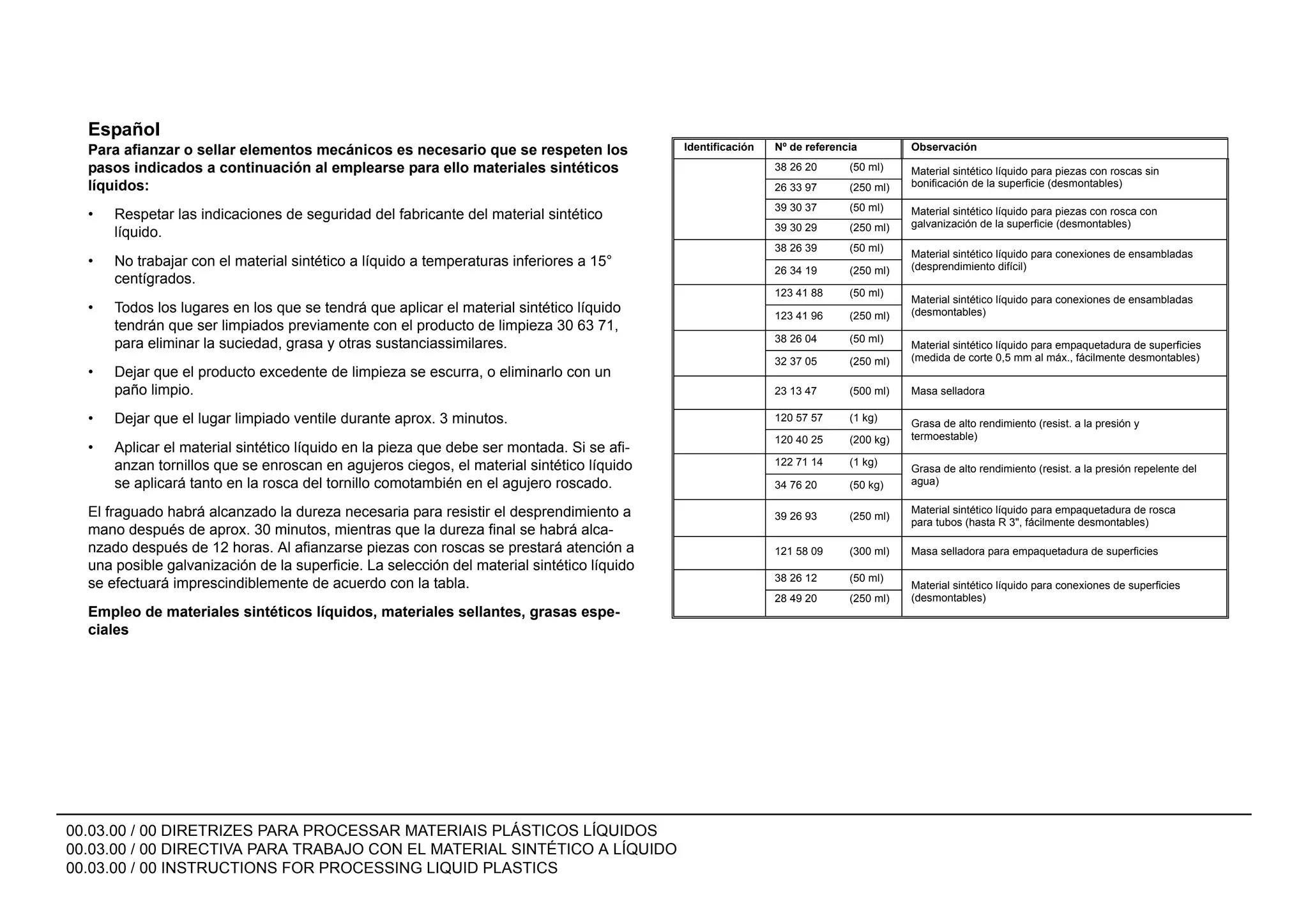 00.03.00 / 00 DIRETRIZES PARA PROCESSAR MATERIAIS PLÁSTICOS LÍQUIDOS
00.03.00 / 00 DIRECTIVA PARA TRABAJO CON EL MATERIAL SINTÉTICO A LÍQUIDO
00.03.00 / 00 INSTRUCTIONS FOR PROCESSING LIQUID PLASTICS
Español
Para afianzar o sellar elementos mecánicos es necesario que se respeten los
pasos indicados a continuación al emplearse para ello materiales sintéticos
líquidos:
• Respetar las indicaciones de seguridad del fabricante del material sintético
líquido.
• No trabajar con el material sintético a líquido a temperaturas inferiores a 15°
centígrados.
• Todos los lugares en los que se tendrá que aplicar el material sintético líquido
tendrán que ser limpiados previamente con el producto de limpieza 30 63 71,
para eliminar la suciedad, grasa y otras sustanciassimilares.
• Dejar que el producto excedente de limpieza se escurra, o eliminarlo con un
paño limpio.
• Dejar que el lugar limpiado ventile durante aprox. 3 minutos.
• Aplicar el material sintético líquido en la pieza que debe ser montada. Si se afi-
anzan tornillos que se enroscan en agujeros ciegos, el material sintético líquido
se aplicará tanto en la rosca del tornillo comotambién en el agujero roscado.
El fraguado habrá alcanzado la dureza necesaria para resistir el desprendimiento a
mano después de aprox. 30 minutos, mientras que la dureza final se habrá alca-
nzado después de 12 horas. Al afianzarse piezas con roscas se prestará atención a
una posible galvanización de la superficie. La selección del material sintético líquido
se efectuará imprescindiblemente de acuerdo con la tabla.
Empleo de materiales sintéticos líquidos, materiales sellantes, grasas espe-
ciales
Identificación Nº de referencia Observación
38 26 20 (50 ml) Material sintético líquido para piezas con roscas sin
bonificación de la superficie (desmontables)
26 33 97 (250 ml)
39 30 37 (50 ml) Material sintético líquido para piezas con rosca con
galvanización de la superficie (desmontables)
39 30 29 (250 ml)
38 26 39 (50 ml)
Material sintético líquido para conexiones de ensambladas
(desprendimiento difícil)
26 34 19 (250 ml)
123 41 88 (50 ml)
Material sintético líquido para conexiones de ensambladas
(desmontables)
123 41 96 (250 ml)
38 26 04 (50 ml)
Material sintético líquido para empaquetadura de superficies
(medida de corte 0,5 mm al máx., fácilmente desmontables)
32 37 05 (250 ml)
23 13 47 (500 ml) Masa selladora
120 57 57 (1 kg)
Grasa de alto rendimiento (resist. a la presión y
termoestable)
120 40 25 (200 kg)
122 71 14 (1 kg)
Grasa de alto rendimiento (resist. a la presión repelente del
agua)
34 76 20 (50 kg)
39 26 93 (250 ml)
Material sintético líquido para empaquetadura de rosca
para tubos (hasta R 3", fácilmente desmontables)
121 58 09 (300 ml) Masa selladora para empaquetadura de superficies
38 26 12 (50 ml)
Material sintético líquido para conexiones de superficies
(desmontables)
28 49 20 (250 ml)
 