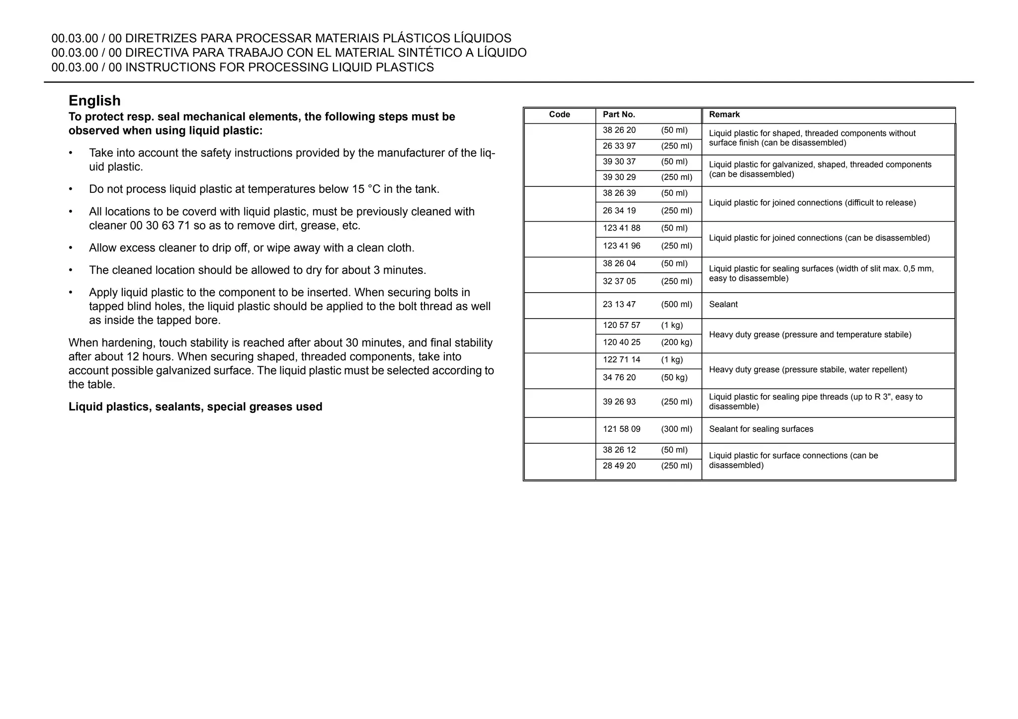 00.03.00 / 00 DIRETRIZES PARA PROCESSAR MATERIAIS PLÁSTICOS LÍQUIDOS
00.03.00 / 00 DIRECTIVA PARA TRABAJO CON EL MATERIAL SINTÉTICO A LÍQUIDO
00.03.00 / 00 INSTRUCTIONS FOR PROCESSING LIQUID PLASTICS
English
To protect resp. seal mechanical elements, the following steps must be
observed when using liquid plastic:
• Take into account the safety instructions provided by the manufacturer of the liq-
uid plastic.
• Do not process liquid plastic at temperatures below 15 °C in the tank.
• All locations to be coverd with liquid plastic, must be previously cleaned with
cleaner 00 30 63 71 so as to remove dirt, grease, etc.
• Allow excess cleaner to drip off, or wipe away with a clean cloth.
• The cleaned location should be allowed to dry for about 3 minutes.
• Apply liquid plastic to the component to be inserted. When securing bolts in
tapped blind holes, the liquid plastic should be applied to the bolt thread as well
as inside the tapped bore.
When hardening, touch stability is reached after about 30 minutes, and final stability
after about 12 hours. When securing shaped, threaded components, take into
account possible galvanized surface. The liquid plastic must be selected according to
the table.
Liquid plastics, sealants, special greases used
Code Part No. Remark
38 26 20 (50 ml) Liquid plastic for shaped, threaded components without
surface finish (can be disassembled)
26 33 97 (250 ml)
39 30 37 (50 ml) Liquid plastic for galvanized, shaped, threaded components
(can be disassembled)
39 30 29 (250 ml)
38 26 39 (50 ml)
Liquid plastic for joined connections (difficult to release)
26 34 19 (250 ml)
123 41 88 (50 ml)
Liquid plastic for joined connections (can be disassembled)
123 41 96 (250 ml)
38 26 04 (50 ml)
Liquid plastic for sealing surfaces (width of slit max. 0,5 mm,
easy to disassemble)
32 37 05 (250 ml)
23 13 47 (500 ml) Sealant
120 57 57 (1 kg)
Heavy duty grease (pressure and temperature stabile)
120 40 25 (200 kg)
122 71 14 (1 kg)
Heavy duty grease (pressure stabile, water repellent)
34 76 20 (50 kg)
39 26 93 (250 ml)
Liquid plastic for sealing pipe threads (up to R 3", easy to
disassemble)
121 58 09 (300 ml) Sealant for sealing surfaces
38 26 12 (50 ml)
Liquid plastic for surface connections (can be
disassembled)
28 49 20 (250 ml)
 