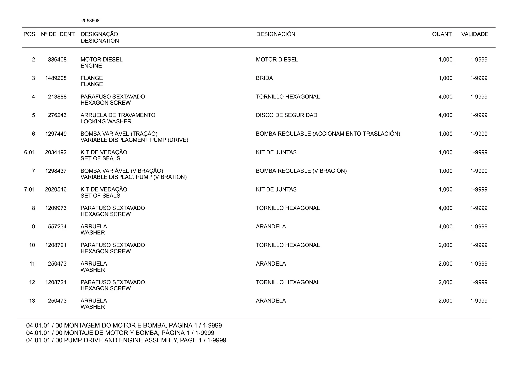 POS Nº DE IDENT. DESIGNAÇÃO
DESIGNATION
DESIGNACIÓN QUANT. VALIDADE
04.01.01 / 00 MONTAGEM DO MOTOR E BOMBA, PÁGINA 1 / 1-9999
04.01.01 / 00 MONTAJE DE MOTOR Y BOMBA, PÁGINA 1 / 1-9999
04.01.01 / 00 PUMP DRIVE AND ENGINE ASSEMBLY, PAGE 1 / 1-9999
2053608
2 886408 MOTOR DIESEL MOTOR DIESEL 1,000 1-9999
ENGINE
3 1489208 FLANGE BRIDA 1,000 1-9999
FLANGE
4 213888 PARAFUSO SEXTAVADO TORNILLO HEXAGONAL 4,000 1-9999
HEXAGON SCREW
5 276243 ARRUELA DE TRAVAMENTO DISCO DE SEGURIDAD 4,000 1-9999
LOCKING WASHER
6 1297449 BOMBA VARIÁVEL (TRAÇÃO) BOMBA REGULABLE (ACCIONAMIENTO TRASLACIÓN) 1,000 1-9999
VARIABLE DISPLACMENT PUMP (DRIVE)
6.01 2034192 KIT DE VEDAÇÃO KIT DE JUNTAS 1,000 1-9999
SET OF SEALS
7 1298437 BOMBA VARIÁVEL (VIBRAÇÃO) BOMBA REGULABLE (VIBRACIÓN) 1,000 1-9999
VARIABLE DISPLAC. PUMP (VIBRATION)
7.01 2020546 KIT DE VEDAÇÃO KIT DE JUNTAS 1,000 1-9999
SET OF SEALS
8 1209973 PARAFUSO SEXTAVADO TORNILLO HEXAGONAL 4,000 1-9999
HEXAGON SCREW
9 557234 ARRUELA ARANDELA 4,000 1-9999
WASHER
10 1208721 PARAFUSO SEXTAVADO TORNILLO HEXAGONAL 2,000 1-9999
HEXAGON SCREW
11 250473 ARRUELA ARANDELA 2,000 1-9999
WASHER
12 1208721 PARAFUSO SEXTAVADO TORNILLO HEXAGONAL 2,000 1-9999
HEXAGON SCREW
13 250473 ARRUELA ARANDELA 2,000 1-9999
WASHER
 