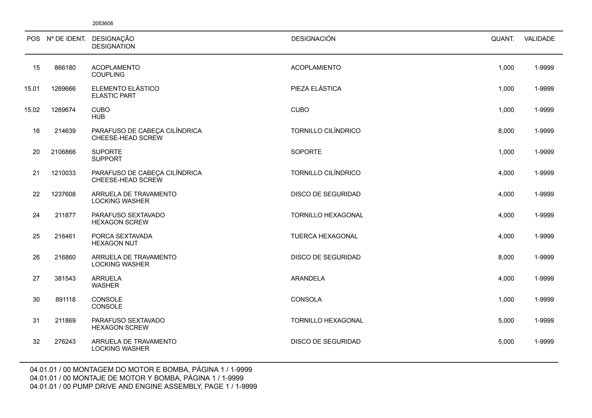 POS Nº DE IDENT. DESIGNAÇÃO
DESIGNATION
DESIGNACIÓN QUANT. VALIDADE
04.01.01 / 00 MONTAGEM DO MOTOR E BOMBA, PÁGINA 1 / 1-9999
04.01.01 / 00 MONTAJE DE MOTOR Y BOMBA, PÁGINA 1 / 1-9999
04.01.01 / 00 PUMP DRIVE AND ENGINE ASSEMBLY, PAGE 1 / 1-9999
2053608
15 866180 ACOPLAMENTO ACOPLAMIENTO 1,000 1-9999
COUPLING
15.01 1269666 ELEMENTO ELÁSTICO PIEZA ELÁSTICA 1,000 1-9999
ELASTIC PART
15.02 1269674 CUBO CUBO 1,000 1-9999
HUB
16 214639 PARAFUSO DE CABEÇA CILÍNDRICA TORNILLO CILÍNDRICO 8,000 1-9999
CHEESE-HEAD SCREW
20 2106866 SUPORTE SOPORTE 1,000 1-9999
SUPPORT
21 1210033 PARAFUSO DE CABEÇA CILÍNDRICA TORNILLO CILÍNDRICO 4,000 1-9999
CHEESE-HEAD SCREW
22 1237608 ARRUELA DE TRAVAMENTO DISCO DE SEGURIDAD 4,000 1-9999
LOCKING WASHER
24 211877 PARAFUSO SEXTAVADO TORNILLO HEXAGONAL 4,000 1-9999
HEXAGON SCREW
25 216461 PORCA SEXTAVADA TUERCA HEXAGONAL 4,000 1-9999
HEXAGON NUT
26 216860 ARRUELA DE TRAVAMENTO DISCO DE SEGURIDAD 8,000 1-9999
LOCKING WASHER
27 381543 ARRUELA ARANDELA 4,000 1-9999
WASHER
30 891118 CONSOLE CONSOLA 1,000 1-9999
CONSOLE
31 211869 PARAFUSO SEXTAVADO TORNILLO HEXAGONAL 5,000 1-9999
HEXAGON SCREW
32 276243 ARRUELA DE TRAVAMENTO DISCO DE SEGURIDAD 5,000 1-9999
LOCKING WASHER
 