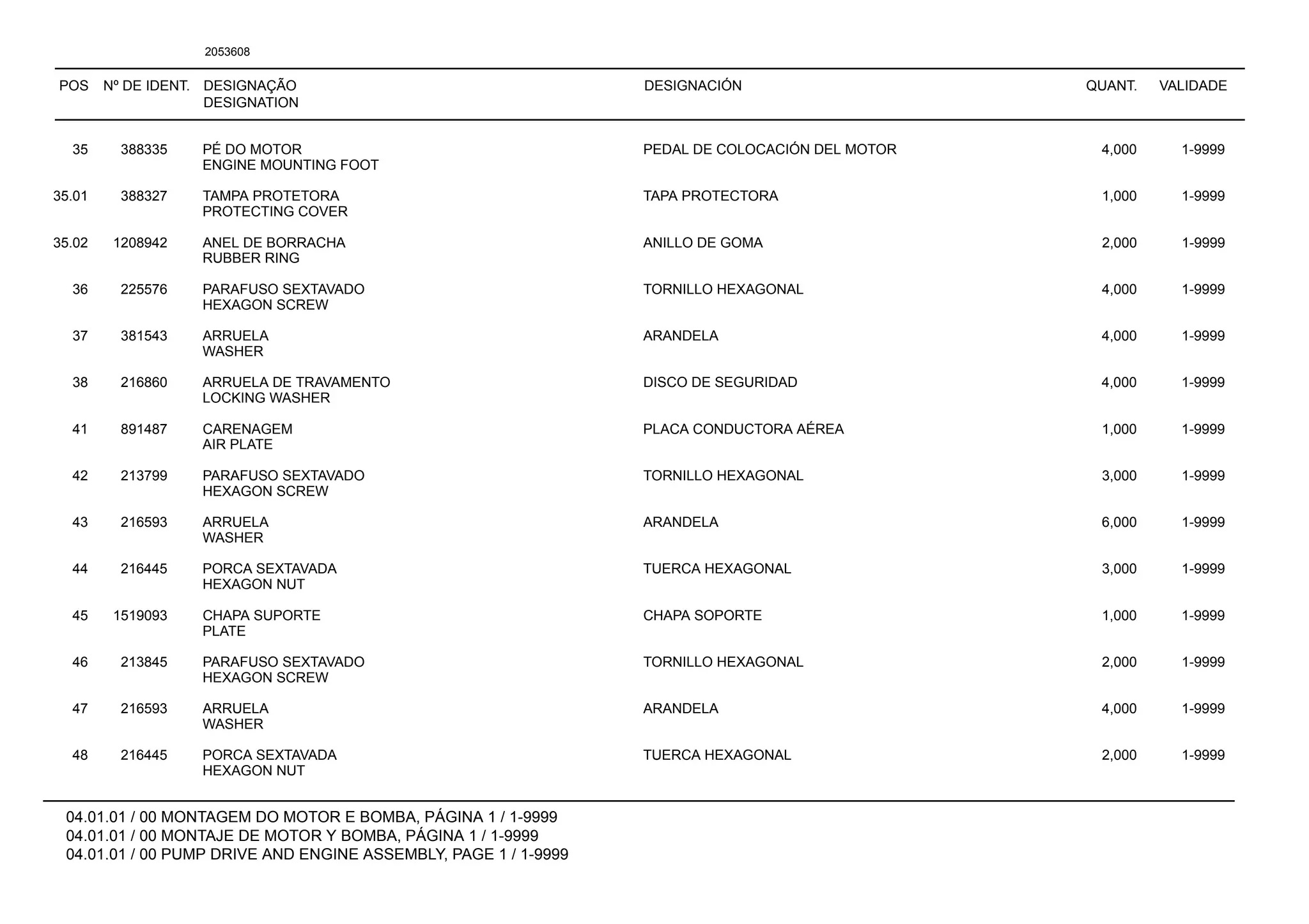 POS Nº DE IDENT. DESIGNAÇÃO
DESIGNATION
DESIGNACIÓN QUANT. VALIDADE
04.01.01 / 00 MONTAGEM DO MOTOR E BOMBA, PÁGINA 1 / 1-9999
04.01.01 / 00 MONTAJE DE MOTOR Y BOMBA, PÁGINA 1 / 1-9999
04.01.01 / 00 PUMP DRIVE AND ENGINE ASSEMBLY, PAGE 1 / 1-9999
2053608
35 388335 PÉ DO MOTOR PEDAL DE COLOCACIÓN DEL MOTOR 4,000 1-9999
ENGINE MOUNTING FOOT
35.01 388327 TAMPA PROTETORA TAPA PROTECTORA 1,000 1-9999
PROTECTING COVER
35.02 1208942 ANEL DE BORRACHA ANILLO DE GOMA 2,000 1-9999
RUBBER RING
36 225576 PARAFUSO SEXTAVADO TORNILLO HEXAGONAL 4,000 1-9999
HEXAGON SCREW
37 381543 ARRUELA ARANDELA 4,000 1-9999
WASHER
38 216860 ARRUELA DE TRAVAMENTO DISCO DE SEGURIDAD 4,000 1-9999
LOCKING WASHER
41 891487 CARENAGEM PLACA CONDUCTORA AÉREA 1,000 1-9999
AIR PLATE
42 213799 PARAFUSO SEXTAVADO TORNILLO HEXAGONAL 3,000 1-9999
HEXAGON SCREW
43 216593 ARRUELA ARANDELA 6,000 1-9999
WASHER
44 216445 PORCA SEXTAVADA TUERCA HEXAGONAL 3,000 1-9999
HEXAGON NUT
45 1519093 CHAPA SUPORTE CHAPA SOPORTE 1,000 1-9999
PLATE
46 213845 PARAFUSO SEXTAVADO TORNILLO HEXAGONAL 2,000 1-9999
HEXAGON SCREW
47 216593 ARRUELA ARANDELA 4,000 1-9999
WASHER
48 216445 PORCA SEXTAVADA TUERCA HEXAGONAL 2,000 1-9999
HEXAGON NUT
 