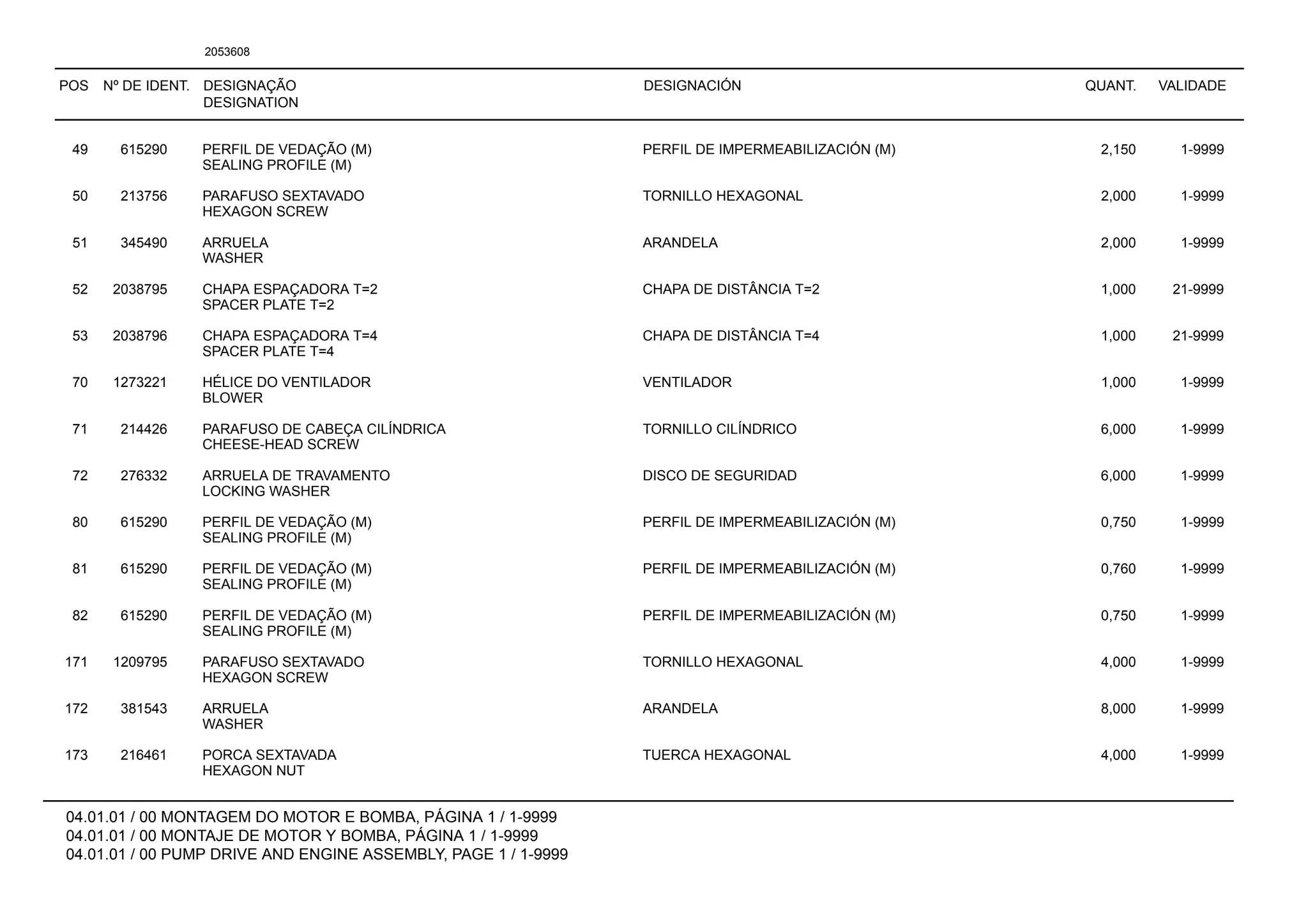 POS Nº DE IDENT. DESIGNAÇÃO
DESIGNATION
DESIGNACIÓN QUANT. VALIDADE
04.01.01 / 00 MONTAGEM DO MOTOR E BOMBA, PÁGINA 1 / 1-9999
04.01.01 / 00 MONTAJE DE MOTOR Y BOMBA, PÁGINA 1 / 1-9999
04.01.01 / 00 PUMP DRIVE AND ENGINE ASSEMBLY, PAGE 1 / 1-9999
2053608
49 615290 PERFIL DE VEDAÇÃO (M) PERFIL DE IMPERMEABILIZACIÓN (M) 2,150 1-9999
SEALING PROFILE (M)
50 213756 PARAFUSO SEXTAVADO TORNILLO HEXAGONAL 2,000 1-9999
HEXAGON SCREW
51 345490 ARRUELA ARANDELA 2,000 1-9999
WASHER
52 2038795 CHAPA ESPAÇADORA T=2 CHAPA DE DISTÂNCIA T=2 1,000 21-9999
SPACER PLATE T=2
53 2038796 CHAPA ESPAÇADORA T=4 CHAPA DE DISTÂNCIA T=4 1,000 21-9999
SPACER PLATE T=4
70 1273221 HÉLICE DO VENTILADOR VENTILADOR 1,000 1-9999
BLOWER
71 214426 PARAFUSO DE CABEÇA CILÍNDRICA TORNILLO CILÍNDRICO 6,000 1-9999
CHEESE-HEAD SCREW
72 276332 ARRUELA DE TRAVAMENTO DISCO DE SEGURIDAD 6,000 1-9999
LOCKING WASHER
80 615290 PERFIL DE VEDAÇÃO (M) PERFIL DE IMPERMEABILIZACIÓN (M) 0,750 1-9999
SEALING PROFILE (M)
81 615290 PERFIL DE VEDAÇÃO (M) PERFIL DE IMPERMEABILIZACIÓN (M) 0,760 1-9999
SEALING PROFILE (M)
82 615290 PERFIL DE VEDAÇÃO (M) PERFIL DE IMPERMEABILIZACIÓN (M) 0,750 1-9999
SEALING PROFILE (M)
171 1209795 PARAFUSO SEXTAVADO TORNILLO HEXAGONAL 4,000 1-9999
HEXAGON SCREW
172 381543 ARRUELA ARANDELA 8,000 1-9999
WASHER
173 216461 PORCA SEXTAVADA TUERCA HEXAGONAL 4,000 1-9999
HEXAGON NUT
 