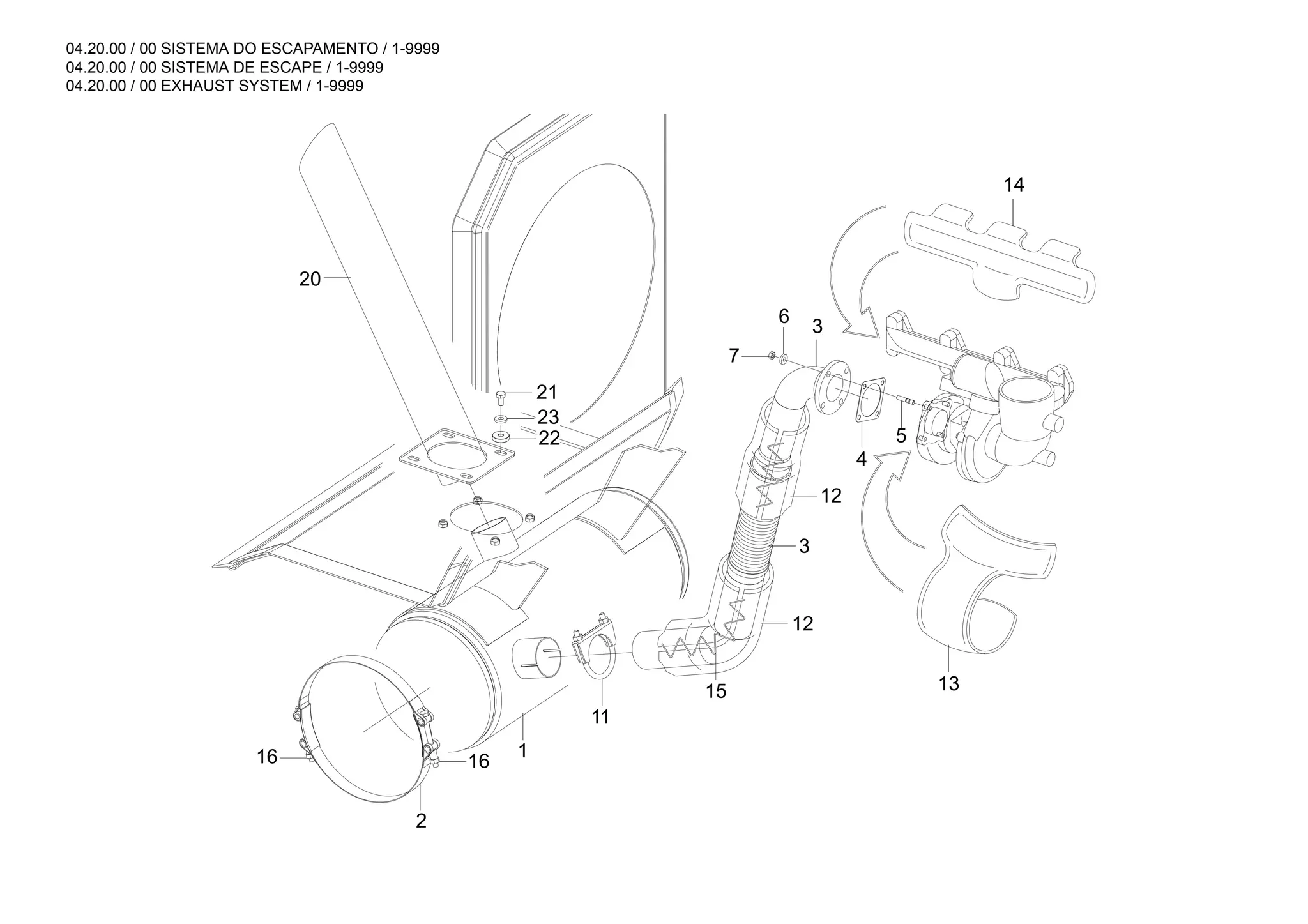 04.20.00 / 00 SISTEMA DO ESCAPAMENTO / 1-9999
04.20.00 / 00 SISTEMA DE ESCAPE / 1-9999
04.20.00 / 00 EXHAUST SYSTEM / 1-9999
12
2
11
21
22
20
7
6
4
5
1
14
3
12
3
13
15
16
16
23
 