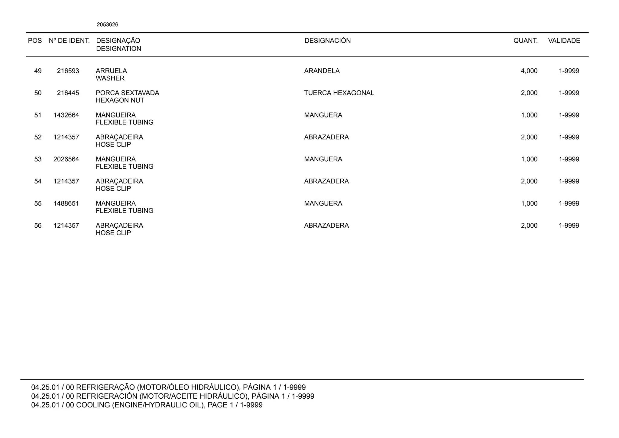 POS Nº DE IDENT. DESIGNAÇÃO
DESIGNATION
DESIGNACIÓN QUANT. VALIDADE
04.25.01 / 00 REFRIGERAÇÃO (MOTOR/ÓLEO HIDRÁULICO), PÁGINA 1 / 1-9999
04.25.01 / 00 REFRIGERACIÓN (MOTOR/ACEITE HIDRÁULICO), PÁGINA 1 / 1-9999
04.25.01 / 00 COOLING (ENGINE/HYDRAULIC OIL), PAGE 1 / 1-9999
2053626
49 216593 ARRUELA ARANDELA 4,000 1-9999
WASHER
50 216445 PORCA SEXTAVADA TUERCA HEXAGONAL 2,000 1-9999
HEXAGON NUT
51 1432664 MANGUEIRA MANGUERA 1,000 1-9999
FLEXIBLE TUBING
52 1214357 ABRAÇADEIRA ABRAZADERA 2,000 1-9999
HOSE CLIP
53 2026564 MANGUEIRA MANGUERA 1,000 1-9999
FLEXIBLE TUBING
54 1214357 ABRAÇADEIRA ABRAZADERA 2,000 1-9999
HOSE CLIP
55 1488651 MANGUEIRA MANGUERA 1,000 1-9999
FLEXIBLE TUBING
56 1214357 ABRAÇADEIRA ABRAZADERA 2,000 1-9999
HOSE CLIP
 