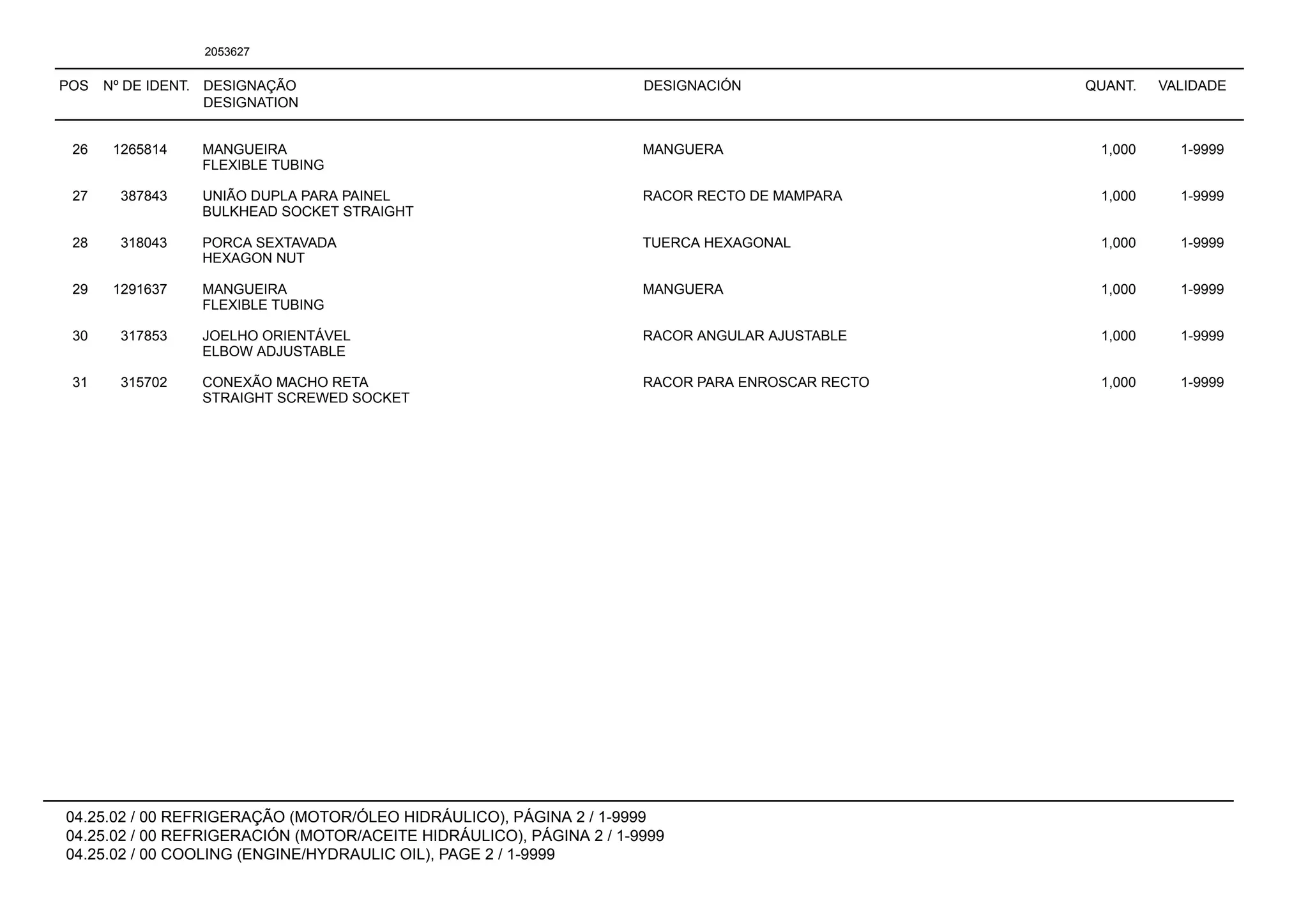 POS Nº DE IDENT. DESIGNAÇÃO
DESIGNATION
DESIGNACIÓN QUANT. VALIDADE
04.25.02 / 00 REFRIGERAÇÃO (MOTOR/ÓLEO HIDRÁULICO), PÁGINA 2 / 1-9999
04.25.02 / 00 REFRIGERACIÓN (MOTOR/ACEITE HIDRÁULICO), PÁGINA 2 / 1-9999
04.25.02 / 00 COOLING (ENGINE/HYDRAULIC OIL), PAGE 2 / 1-9999
2053627
26 1265814 MANGUEIRA MANGUERA 1,000 1-9999
FLEXIBLE TUBING
27 387843 UNIÃO DUPLA PARA PAINEL RACOR RECTO DE MAMPARA 1,000 1-9999
BULKHEAD SOCKET STRAIGHT
28 318043 PORCA SEXTAVADA TUERCA HEXAGONAL 1,000 1-9999
HEXAGON NUT
29 1291637 MANGUEIRA MANGUERA 1,000 1-9999
FLEXIBLE TUBING
30 317853 JOELHO ORIENTÁVEL RACOR ANGULAR AJUSTABLE 1,000 1-9999
ELBOW ADJUSTABLE
31 315702 CONEXÃO MACHO RETA RACOR PARA ENROSCAR RECTO 1,000 1-9999
STRAIGHT SCREWED SOCKET
 