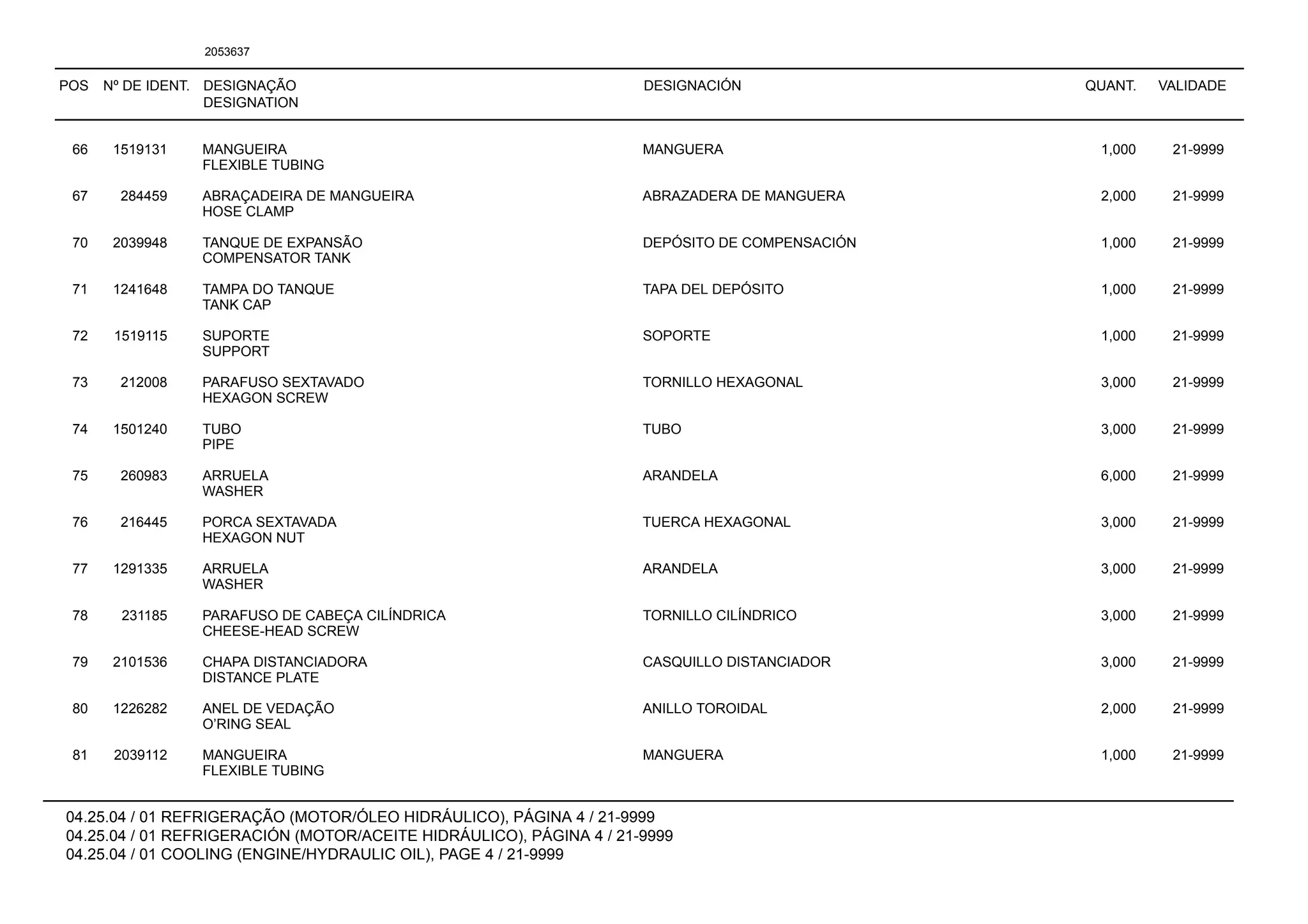 POS Nº DE IDENT. DESIGNAÇÃO
DESIGNATION
DESIGNACIÓN QUANT. VALIDADE
04.25.04 / 01 REFRIGERAÇÃO (MOTOR/ÓLEO HIDRÁULICO), PÁGINA 4 / 21-9999
04.25.04 / 01 REFRIGERACIÓN (MOTOR/ACEITE HIDRÁULICO), PÁGINA 4 / 21-9999
04.25.04 / 01 COOLING (ENGINE/HYDRAULIC OIL), PAGE 4 / 21-9999
2053637
66 1519131 MANGUEIRA MANGUERA 1,000 21-9999
FLEXIBLE TUBING
67 284459 ABRAÇADEIRA DE MANGUEIRA ABRAZADERA DE MANGUERA 2,000 21-9999
HOSE CLAMP
70 2039948 TANQUE DE EXPANSÃO DEPÓSITO DE COMPENSACIÓN 1,000 21-9999
COMPENSATOR TANK
71 1241648 TAMPA DO TANQUE TAPA DEL DEPÓSITO 1,000 21-9999
TANK CAP
72 1519115 SUPORTE SOPORTE 1,000 21-9999
SUPPORT
73 212008 PARAFUSO SEXTAVADO TORNILLO HEXAGONAL 3,000 21-9999
HEXAGON SCREW
74 1501240 TUBO TUBO 3,000 21-9999
PIPE
75 260983 ARRUELA ARANDELA 6,000 21-9999
WASHER
76 216445 PORCA SEXTAVADA TUERCA HEXAGONAL 3,000 21-9999
HEXAGON NUT
77 1291335 ARRUELA ARANDELA 3,000 21-9999
WASHER
78 231185 PARAFUSO DE CABEÇA CILÍNDRICA TORNILLO CILÍNDRICO 3,000 21-9999
CHEESE-HEAD SCREW
79 2101536 CHAPA DISTANCIADORA CASQUILLO DISTANCIADOR 3,000 21-9999
DISTANCE PLATE
80 1226282 ANEL DE VEDAÇÃO ANILLO TOROIDAL 2,000 21-9999
O’RING SEAL
81 2039112 MANGUEIRA MANGUERA 1,000 21-9999
FLEXIBLE TUBING
 