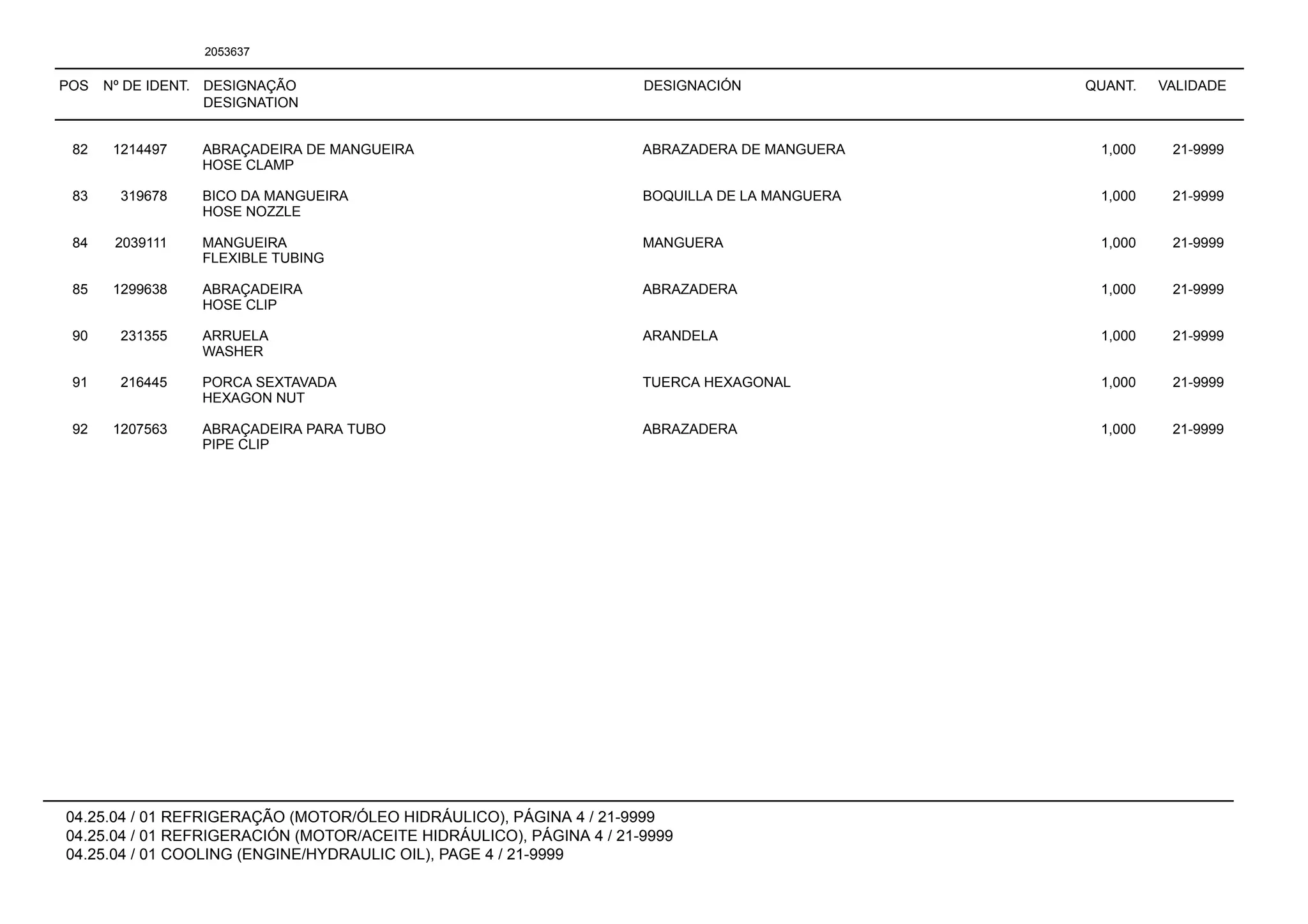 POS Nº DE IDENT. DESIGNAÇÃO
DESIGNATION
DESIGNACIÓN QUANT. VALIDADE
04.25.04 / 01 REFRIGERAÇÃO (MOTOR/ÓLEO HIDRÁULICO), PÁGINA 4 / 21-9999
04.25.04 / 01 REFRIGERACIÓN (MOTOR/ACEITE HIDRÁULICO), PÁGINA 4 / 21-9999
04.25.04 / 01 COOLING (ENGINE/HYDRAULIC OIL), PAGE 4 / 21-9999
2053637
82 1214497 ABRAÇADEIRA DE MANGUEIRA ABRAZADERA DE MANGUERA 1,000 21-9999
HOSE CLAMP
83 319678 BICO DA MANGUEIRA BOQUILLA DE LA MANGUERA 1,000 21-9999
HOSE NOZZLE
84 2039111 MANGUEIRA MANGUERA 1,000 21-9999
FLEXIBLE TUBING
85 1299638 ABRAÇADEIRA ABRAZADERA 1,000 21-9999
HOSE CLIP
90 231355 ARRUELA ARANDELA 1,000 21-9999
WASHER
91 216445 PORCA SEXTAVADA TUERCA HEXAGONAL 1,000 21-9999
HEXAGON NUT
92 1207563 ABRAÇADEIRA PARA TUBO ABRAZADERA 1,000 21-9999
PIPE CLIP
 