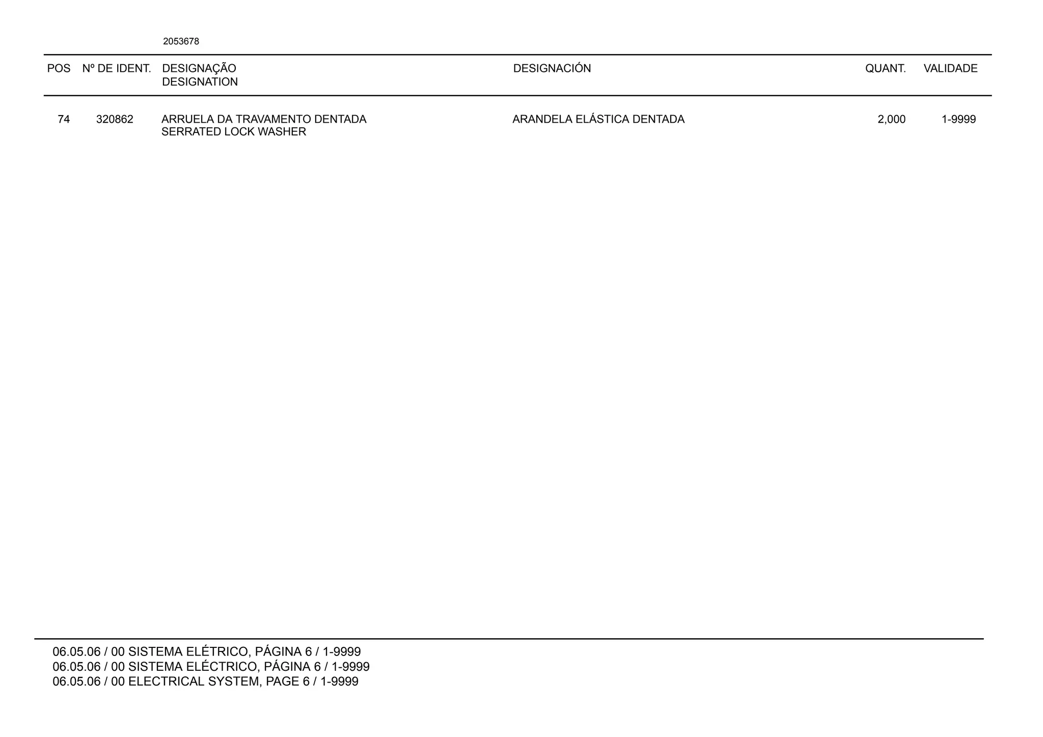 POS Nº DE IDENT. DESIGNAÇÃO
DESIGNATION
DESIGNACIÓN QUANT. VALIDADE
06.05.06 / 00 SISTEMA ELÉTRICO, PÁGINA 6 / 1-9999
06.05.06 / 00 SISTEMA ELÉCTRICO, PÁGINA 6 / 1-9999
06.05.06 / 00 ELECTRICAL SYSTEM, PAGE 6 / 1-9999
2053678
74 320862 ARRUELA DA TRAVAMENTO DENTADA ARANDELA ELÁSTICA DENTADA 2,000 1-9999
SERRATED LOCK WASHER
 