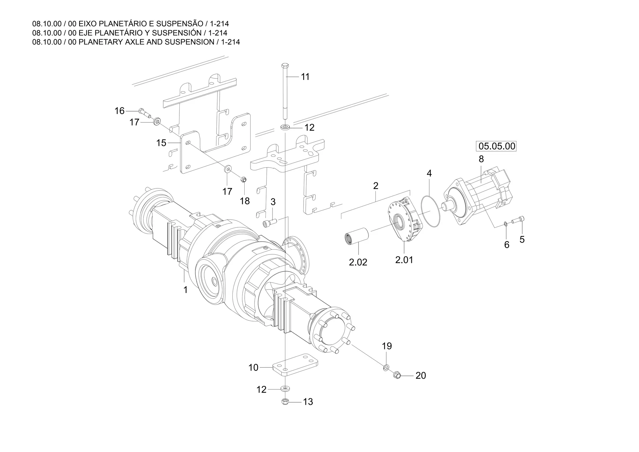 08.10.00 / 00 EIXO PLANETÁRIO E SUSPENSÃO / 1-214
08.10.00 / 00 EJE PLANETÁRIO Y SUSPENSIÓN / 1-214
08.10.00 / 00 PLANETARY AXLE AND SUSPENSION / 1-214
05.05.00
8
2.02 2.01
3
5
6
4
20
19
12
11
18
16
17
17
15
1
10
13
12
2
 