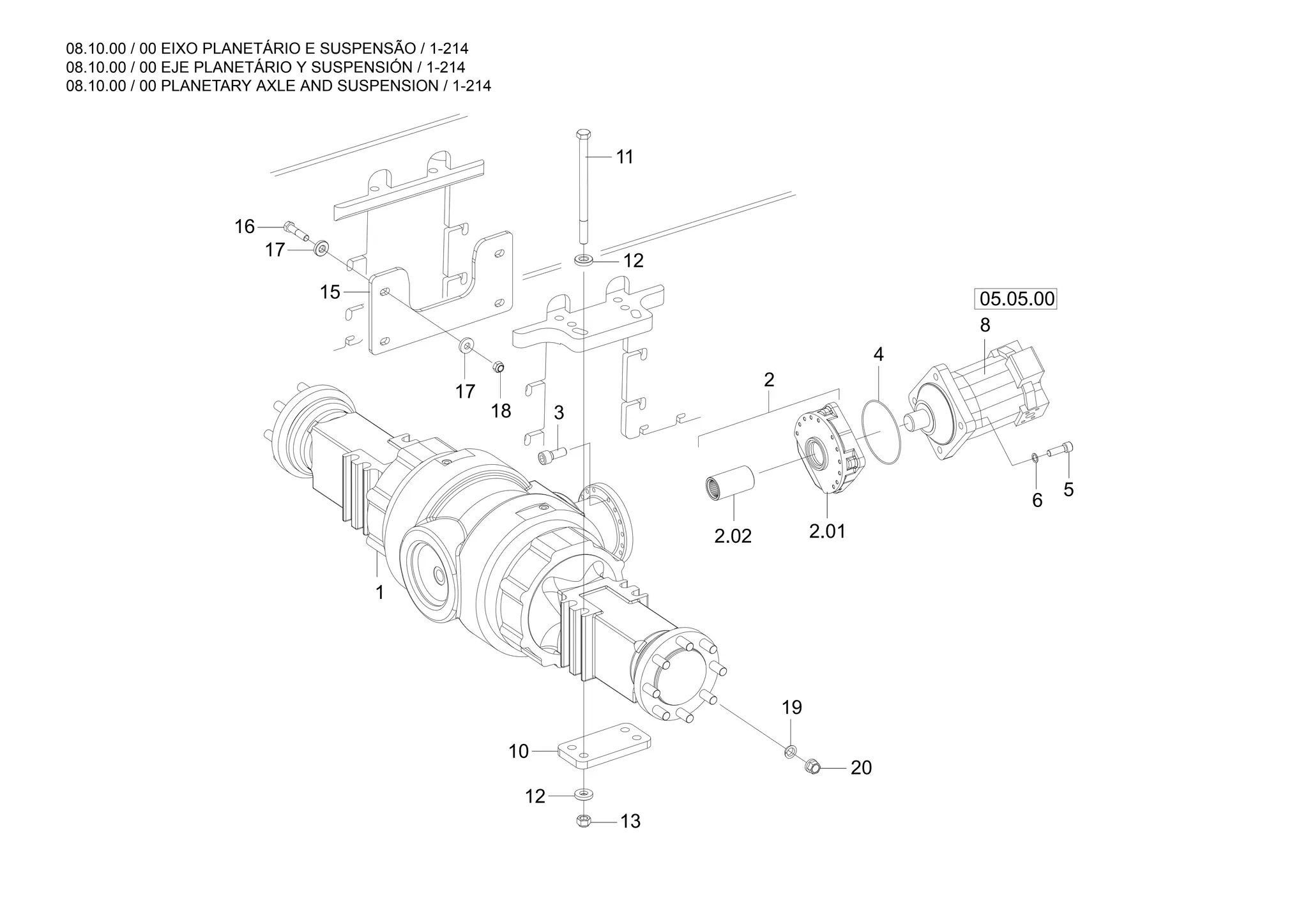 08.10.00 / 00 EIXO PLANETÁRIO E SUSPENSÃO / 1-214
08.10.00 / 00 EJE PLANETÁRIO Y SUSPENSIÓN / 1-214
08.10.00 / 00 PLANETARY AXLE AND SUSPENSION / 1-214
05.05.00
8
2.02 2.01
3
5
6
4
20
19
12
11
18
16
17
17
15
1
10
13
12
2
 