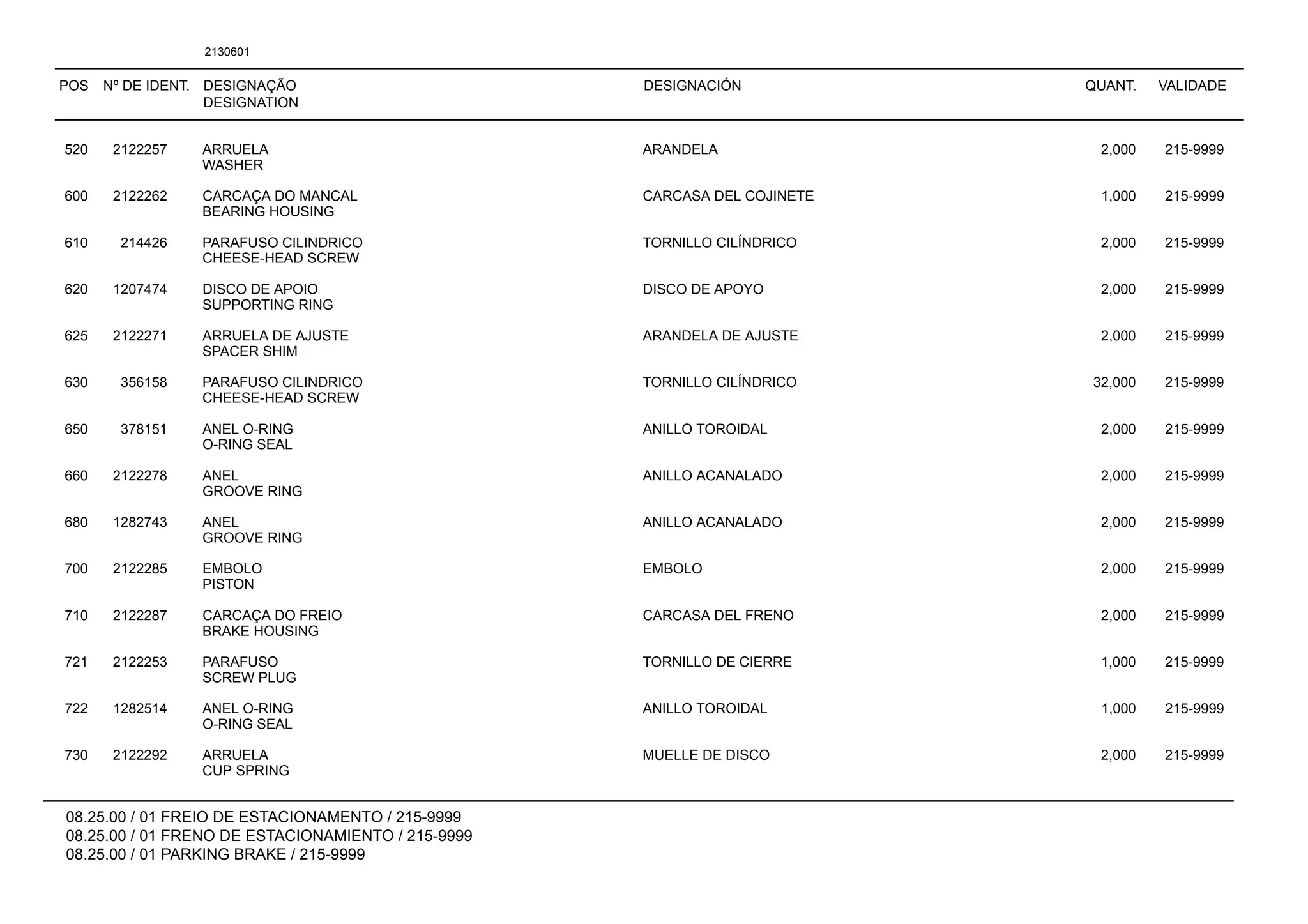 POS Nº DE IDENT. DESIGNAÇÃO
DESIGNATION
DESIGNACIÓN QUANT. VALIDADE
08.25.00 / 01 FREIO DE ESTACIONAMENTO / 215-9999
08.25.00 / 01 FRENO DE ESTACIONAMIENTO / 215-9999
08.25.00 / 01 PARKING BRAKE / 215-9999
2130601
520 2122257 ARRUELA ARANDELA 2,000 215-9999
WASHER
600 2122262 CARCAÇA DO MANCAL CARCASA DEL COJINETE 1,000 215-9999
BEARING HOUSING
610 214426 PARAFUSO CILINDRICO TORNILLO CILÍNDRICO 2,000 215-9999
CHEESE-HEAD SCREW
620 1207474 DISCO DE APOIO DISCO DE APOYO 2,000 215-9999
SUPPORTING RING
625 2122271 ARRUELA DE AJUSTE ARANDELA DE AJUSTE 2,000 215-9999
SPACER SHIM
630 356158 PARAFUSO CILINDRICO TORNILLO CILÍNDRICO 32,000 215-9999
CHEESE-HEAD SCREW
650 378151 ANEL O-RING ANILLO TOROIDAL 2,000 215-9999
O-RING SEAL
660 2122278 ANEL ANILLO ACANALADO 2,000 215-9999
GROOVE RING
680 1282743 ANEL ANILLO ACANALADO 2,000 215-9999
GROOVE RING
700 2122285 EMBOLO EMBOLO 2,000 215-9999
PISTON
710 2122287 CARCAÇA DO FREIO CARCASA DEL FRENO 2,000 215-9999
BRAKE HOUSING
721 2122253 PARAFUSO TORNILLO DE CIERRE 1,000 215-9999
SCREW PLUG
722 1282514 ANEL O-RING ANILLO TOROIDAL 1,000 215-9999
O-RING SEAL
730 2122292 ARRUELA MUELLE DE DISCO 2,000 215-9999
CUP SPRING
 