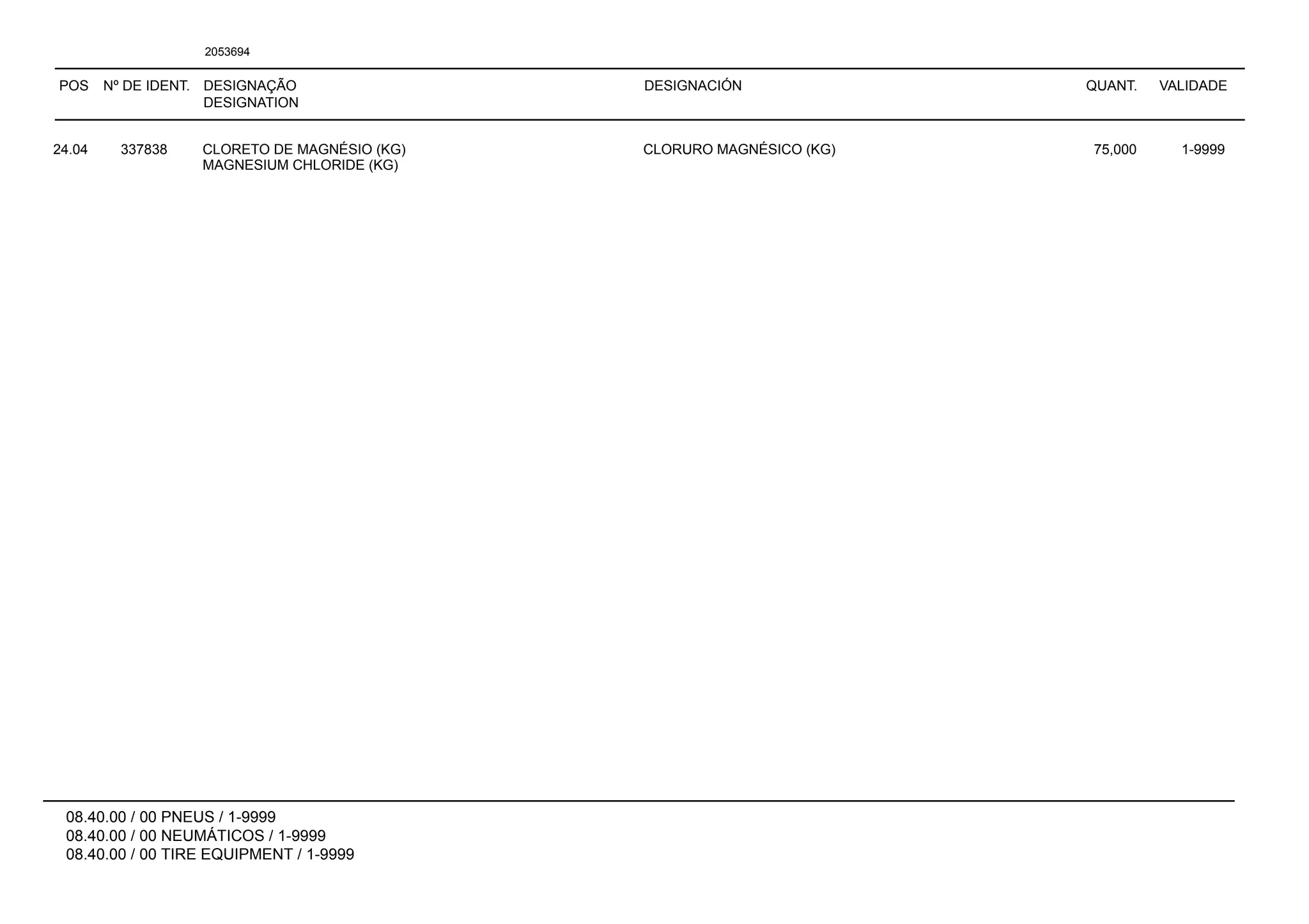 POS Nº DE IDENT. DESIGNAÇÃO
DESIGNATION
DESIGNACIÓN QUANT. VALIDADE
08.40.00 / 00 PNEUS / 1-9999
08.40.00 / 00 NEUMÁTICOS / 1-9999
08.40.00 / 00 TIRE EQUIPMENT / 1-9999
2053694
24.04 337838 CLORETO DE MAGNÉSIO (KG) CLORURO MAGNÉSICO (KG) 75,000 1-9999
MAGNESIUM CHLORIDE (KG)
 