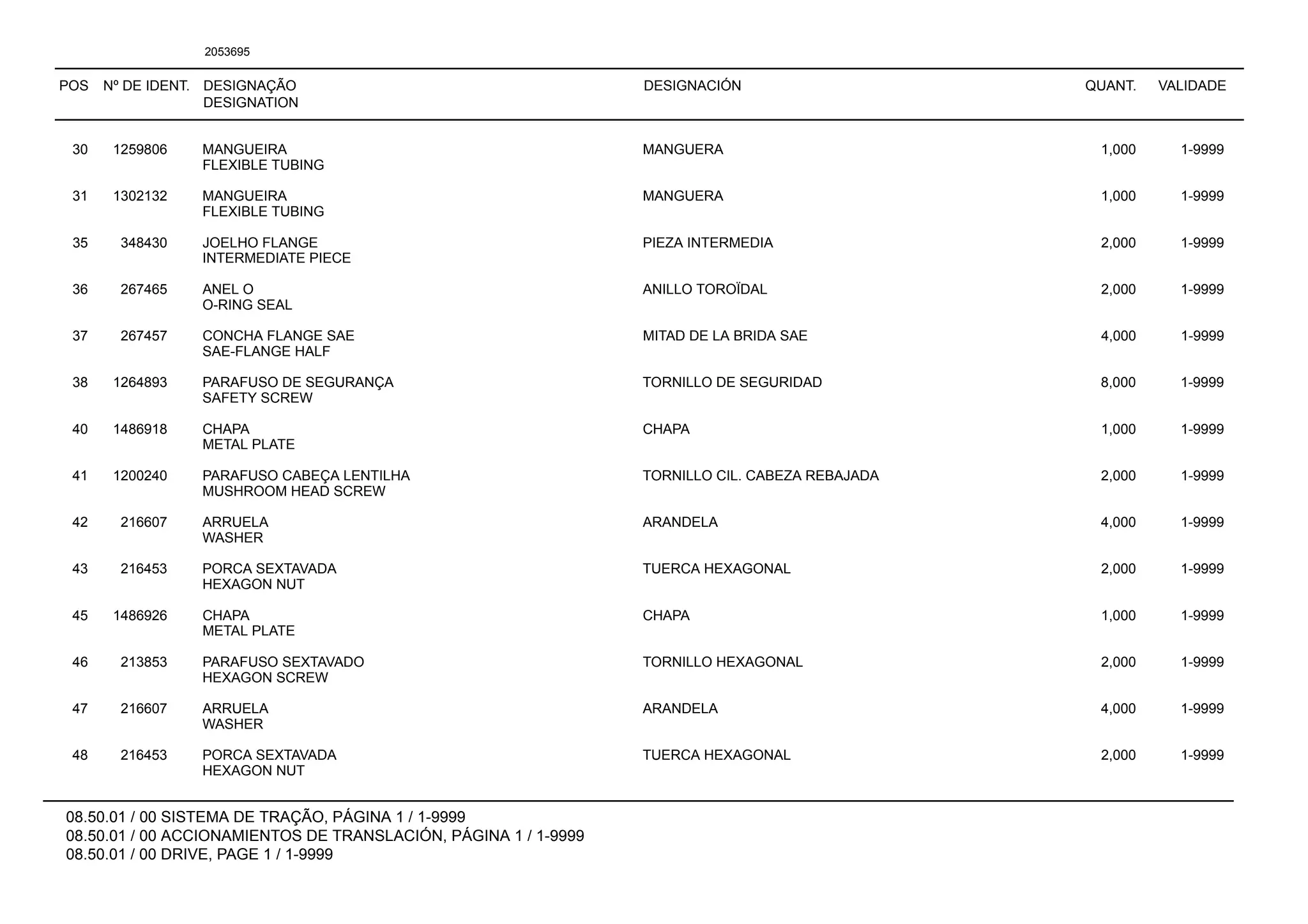 POS Nº DE IDENT. DESIGNAÇÃO
DESIGNATION
DESIGNACIÓN QUANT. VALIDADE
08.50.01 / 00 SISTEMA DE TRAÇÃO, PÁGINA 1 / 1-9999
08.50.01 / 00 ACCIONAMIENTOS DE TRANSLACIÓN, PÁGINA 1 / 1-9999
08.50.01 / 00 DRIVE, PAGE 1 / 1-9999
2053695
30 1259806 MANGUEIRA MANGUERA 1,000 1-9999
FLEXIBLE TUBING
31 1302132 MANGUEIRA MANGUERA 1,000 1-9999
FLEXIBLE TUBING
35 348430 JOELHO FLANGE PIEZA INTERMEDIA 2,000 1-9999
INTERMEDIATE PIECE
36 267465 ANEL O ANILLO TOROÏDAL 2,000 1-9999
O-RING SEAL
37 267457 CONCHA FLANGE SAE MITAD DE LA BRIDA SAE 4,000 1-9999
SAE-FLANGE HALF
38 1264893 PARAFUSO DE SEGURANÇA TORNILLO DE SEGURIDAD 8,000 1-9999
SAFETY SCREW
40 1486918 CHAPA CHAPA 1,000 1-9999
METAL PLATE
41 1200240 PARAFUSO CABEÇA LENTILHA TORNILLO CIL. CABEZA REBAJADA 2,000 1-9999
MUSHROOM HEAD SCREW
42 216607 ARRUELA ARANDELA 4,000 1-9999
WASHER
43 216453 PORCA SEXTAVADA TUERCA HEXAGONAL 2,000 1-9999
HEXAGON NUT
45 1486926 CHAPA CHAPA 1,000 1-9999
METAL PLATE
46 213853 PARAFUSO SEXTAVADO TORNILLO HEXAGONAL 2,000 1-9999
HEXAGON SCREW
47 216607 ARRUELA ARANDELA 4,000 1-9999
WASHER
48 216453 PORCA SEXTAVADA TUERCA HEXAGONAL 2,000 1-9999
HEXAGON NUT
 