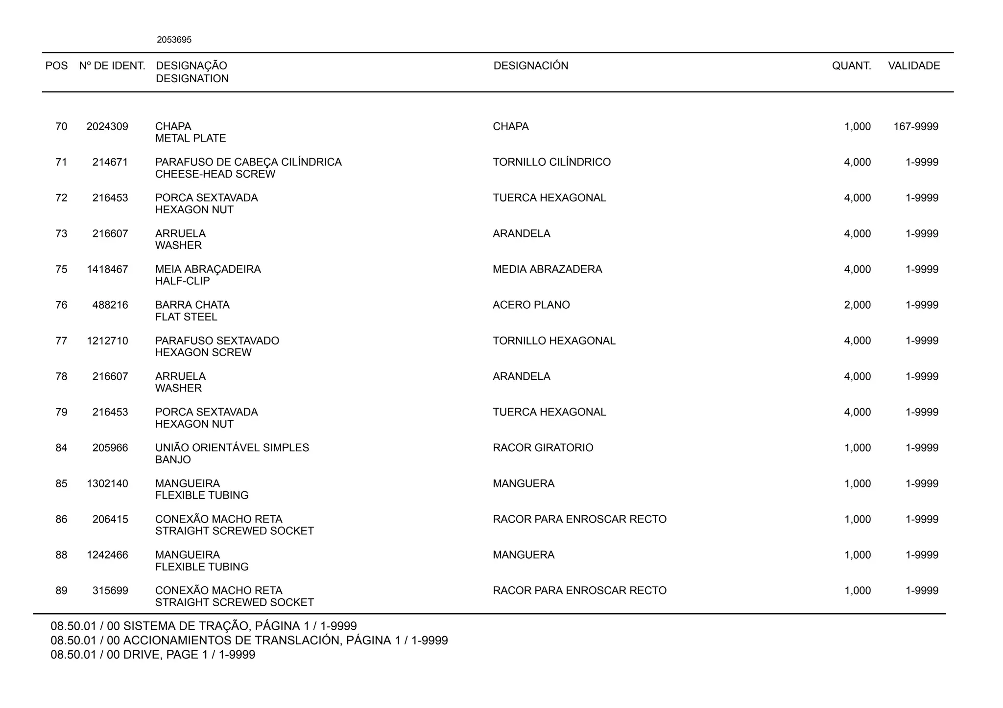 POS Nº DE IDENT. DESIGNAÇÃO
DESIGNATION
DESIGNACIÓN QUANT. VALIDADE
08.50.01 / 00 SISTEMA DE TRAÇÃO, PÁGINA 1 / 1-9999
08.50.01 / 00 ACCIONAMIENTOS DE TRANSLACIÓN, PÁGINA 1 / 1-9999
08.50.01 / 00 DRIVE, PAGE 1 / 1-9999
2053695
70 2024309 CHAPA CHAPA 1,000 167-9999
METAL PLATE
71 214671 PARAFUSO DE CABEÇA CILÍNDRICA TORNILLO CILÍNDRICO 4,000 1-9999
CHEESE-HEAD SCREW
72 216453 PORCA SEXTAVADA TUERCA HEXAGONAL 4,000 1-9999
HEXAGON NUT
73 216607 ARRUELA ARANDELA 4,000 1-9999
WASHER
75 1418467 MEIA ABRAÇADEIRA MEDIA ABRAZADERA 4,000 1-9999
HALF-CLIP
76 488216 BARRA CHATA ACERO PLANO 2,000 1-9999
FLAT STEEL
77 1212710 PARAFUSO SEXTAVADO TORNILLO HEXAGONAL 4,000 1-9999
HEXAGON SCREW
78 216607 ARRUELA ARANDELA 4,000 1-9999
WASHER
79 216453 PORCA SEXTAVADA TUERCA HEXAGONAL 4,000 1-9999
HEXAGON NUT
84 205966 UNIÃO ORIENTÁVEL SIMPLES RACOR GIRATORIO 1,000 1-9999
BANJO
85 1302140 MANGUEIRA MANGUERA 1,000 1-9999
FLEXIBLE TUBING
86 206415 CONEXÃO MACHO RETA RACOR PARA ENROSCAR RECTO 1,000 1-9999
STRAIGHT SCREWED SOCKET
88 1242466 MANGUEIRA MANGUERA 1,000 1-9999
FLEXIBLE TUBING
89 315699 CONEXÃO MACHO RETA RACOR PARA ENROSCAR RECTO 1,000 1-9999
STRAIGHT SCREWED SOCKET
 