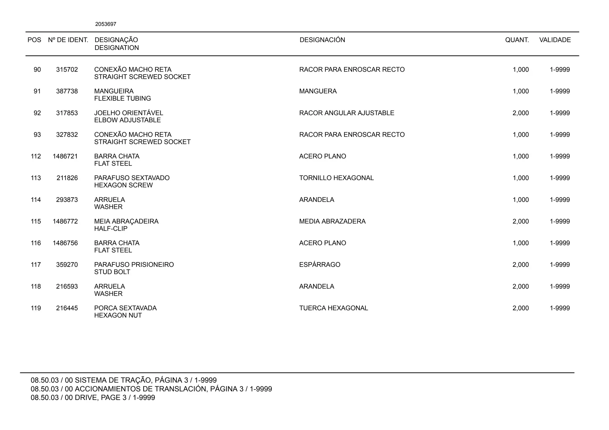 POS Nº DE IDENT. DESIGNAÇÃO
DESIGNATION
DESIGNACIÓN QUANT. VALIDADE
08.50.03 / 00 SISTEMA DE TRAÇÃO, PÁGINA 3 / 1-9999
08.50.03 / 00 ACCIONAMIENTOS DE TRANSLACIÓN, PÁGINA 3 / 1-9999
08.50.03 / 00 DRIVE, PAGE 3 / 1-9999
2053697
90 315702 CONEXÃO MACHO RETA RACOR PARA ENROSCAR RECTO 1,000 1-9999
STRAIGHT SCREWED SOCKET
91 387738 MANGUEIRA MANGUERA 1,000 1-9999
FLEXIBLE TUBING
92 317853 JOELHO ORIENTÁVEL RACOR ANGULAR AJUSTABLE 2,000 1-9999
ELBOW ADJUSTABLE
93 327832 CONEXÃO MACHO RETA RACOR PARA ENROSCAR RECTO 1,000 1-9999
STRAIGHT SCREWED SOCKET
112 1486721 BARRA CHATA ACERO PLANO 1,000 1-9999
FLAT STEEL
113 211826 PARAFUSO SEXTAVADO TORNILLO HEXAGONAL 1,000 1-9999
HEXAGON SCREW
114 293873 ARRUELA ARANDELA 1,000 1-9999
WASHER
115 1486772 MEIA ABRAÇADEIRA MEDIA ABRAZADERA 2,000 1-9999
HALF-CLIP
116 1486756 BARRA CHATA ACERO PLANO 1,000 1-9999
FLAT STEEL
117 359270 PARAFUSO PRISIONEIRO ESPÁRRAGO 2,000 1-9999
STUD BOLT
118 216593 ARRUELA ARANDELA 2,000 1-9999
WASHER
119 216445 PORCA SEXTAVADA TUERCA HEXAGONAL 2,000 1-9999
HEXAGON NUT
 