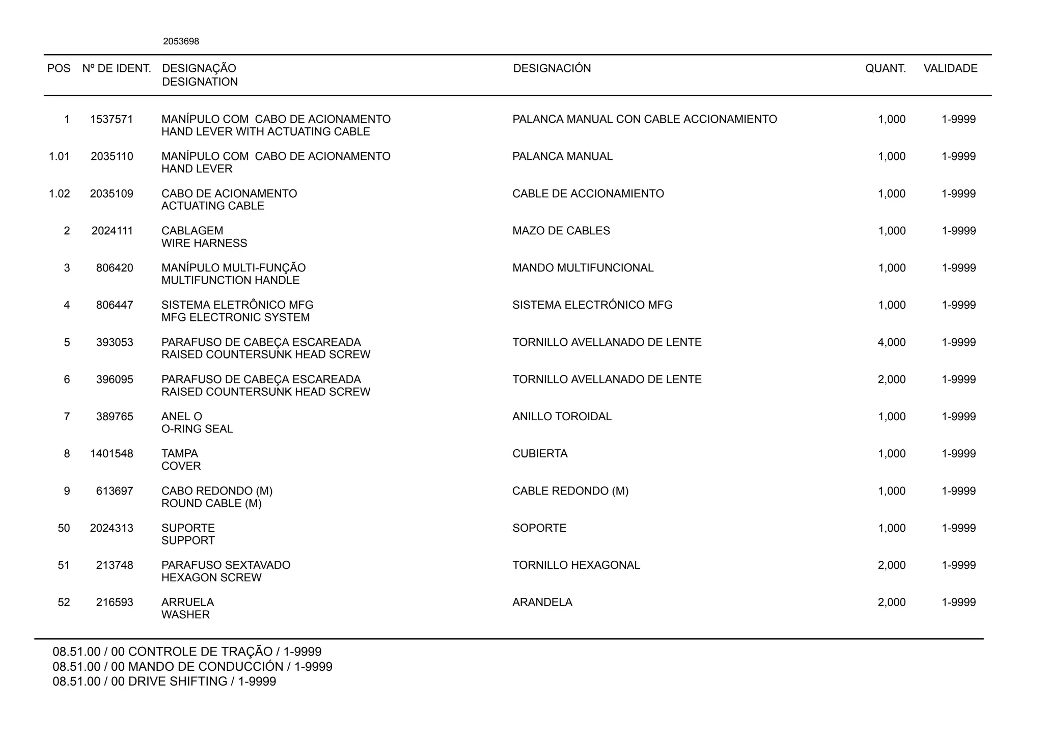 POS Nº DE IDENT. DESIGNAÇÃO
DESIGNATION
DESIGNACIÓN QUANT. VALIDADE
08.51.00 / 00 CONTROLE DE TRAÇÃO / 1-9999
08.51.00 / 00 MANDO DE CONDUCCIÓN / 1-9999
08.51.00 / 00 DRIVE SHIFTING / 1-9999
2053698
1 1537571 MANÍPULO COM CABO DE ACIONAMENTO PALANCA MANUAL CON CABLE ACCIONAMIENTO 1,000 1-9999
HAND LEVER WITH ACTUATING CABLE
1.01 2035110 MANÍPULO COM CABO DE ACIONAMENTO PALANCA MANUAL 1,000 1-9999
HAND LEVER
1.02 2035109 CABO DE ACIONAMENTO CABLE DE ACCIONAMIENTO 1,000 1-9999
ACTUATING CABLE
2 2024111 CABLAGEM MAZO DE CABLES 1,000 1-9999
WIRE HARNESS
3 806420 MANÍPULO MULTI-FUNÇÃO MANDO MULTIFUNCIONAL 1,000 1-9999
MULTIFUNCTION HANDLE
4 806447 SISTEMA ELETRÔNICO MFG SISTEMA ELECTRÓNICO MFG 1,000 1-9999
MFG ELECTRONIC SYSTEM
5 393053 PARAFUSO DE CABEÇA ESCAREADA TORNILLO AVELLANADO DE LENTE 4,000 1-9999
RAISED COUNTERSUNK HEAD SCREW
6 396095 PARAFUSO DE CABEÇA ESCAREADA TORNILLO AVELLANADO DE LENTE 2,000 1-9999
RAISED COUNTERSUNK HEAD SCREW
7 389765 ANEL O ANILLO TOROIDAL 1,000 1-9999
O-RING SEAL
8 1401548 TAMPA CUBIERTA 1,000 1-9999
COVER
9 613697 CABO REDONDO (M) CABLE REDONDO (M) 1,000 1-9999
ROUND CABLE (M)
50 2024313 SUPORTE SOPORTE 1,000 1-9999
SUPPORT
51 213748 PARAFUSO SEXTAVADO TORNILLO HEXAGONAL 2,000 1-9999
HEXAGON SCREW
52 216593 ARRUELA ARANDELA 2,000 1-9999
WASHER
 