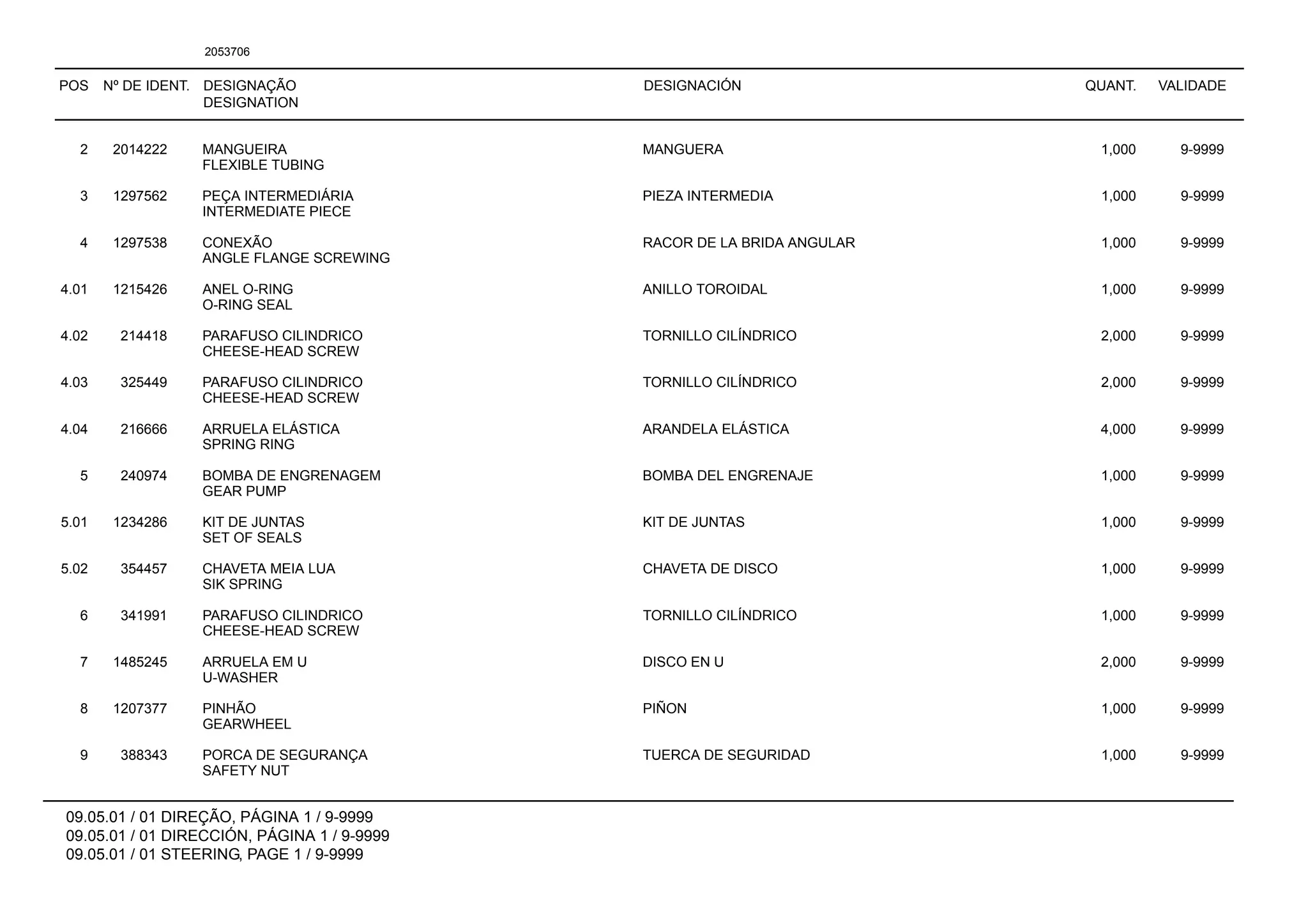 POS Nº DE IDENT. DESIGNAÇÃO
DESIGNATION
DESIGNACIÓN QUANT. VALIDADE
09.05.01 / 01 DIREÇÃO, PÁGINA 1 / 9-9999
09.05.01 / 01 DIRECCIÓN, PÁGINA 1 / 9-9999
09.05.01 / 01 STEERING, PAGE 1 / 9-9999
2053706
2 2014222 MANGUEIRA MANGUERA 1,000 9-9999
FLEXIBLE TUBING
3 1297562 PEÇA INTERMEDIÁRIA PIEZA INTERMEDIA 1,000 9-9999
INTERMEDIATE PIECE
4 1297538 CONEXÃO RACOR DE LA BRIDA ANGULAR 1,000 9-9999
ANGLE FLANGE SCREWING
4.01 1215426 ANEL O-RING ANILLO TOROIDAL 1,000 9-9999
O-RING SEAL
4.02 214418 PARAFUSO CILINDRICO TORNILLO CILÍNDRICO 2,000 9-9999
CHEESE-HEAD SCREW
4.03 325449 PARAFUSO CILINDRICO TORNILLO CILÍNDRICO 2,000 9-9999
CHEESE-HEAD SCREW
4.04 216666 ARRUELA ELÁSTICA ARANDELA ELÁSTICA 4,000 9-9999
SPRING RING
5 240974 BOMBA DE ENGRENAGEM BOMBA DEL ENGRENAJE 1,000 9-9999
GEAR PUMP
5.01 1234286 KIT DE JUNTAS KIT DE JUNTAS 1,000 9-9999
SET OF SEALS
5.02 354457 CHAVETA MEIA LUA CHAVETA DE DISCO 1,000 9-9999
SIK SPRING
6 341991 PARAFUSO CILINDRICO TORNILLO CILÍNDRICO 1,000 9-9999
CHEESE-HEAD SCREW
7 1485245 ARRUELA EM U DISCO EN U 2,000 9-9999
U-WASHER
8 1207377 PINHÃO PIÑON 1,000 9-9999
GEARWHEEL
9 388343 PORCA DE SEGURANÇA TUERCA DE SEGURIDAD 1,000 9-9999
SAFETY NUT
 