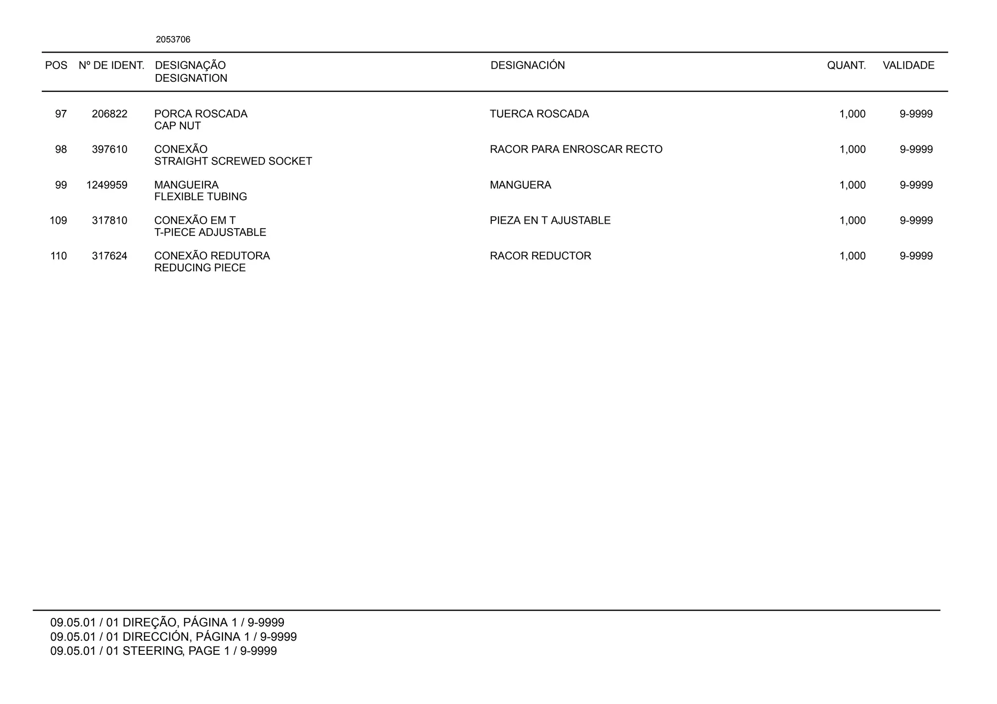 POS Nº DE IDENT. DESIGNAÇÃO
DESIGNATION
DESIGNACIÓN QUANT. VALIDADE
09.05.01 / 01 DIREÇÃO, PÁGINA 1 / 9-9999
09.05.01 / 01 DIRECCIÓN, PÁGINA 1 / 9-9999
09.05.01 / 01 STEERING, PAGE 1 / 9-9999
2053706
97 206822 PORCA ROSCADA TUERCA ROSCADA 1,000 9-9999
CAP NUT
98 397610 CONEXÃO RACOR PARA ENROSCAR RECTO 1,000 9-9999
STRAIGHT SCREWED SOCKET
99 1249959 MANGUEIRA MANGUERA 1,000 9-9999
FLEXIBLE TUBING
109 317810 CONEXÃO EM T PIEZA EN T AJUSTABLE 1,000 9-9999
T-PIECE ADJUSTABLE
110 317624 CONEXÃO REDUTORA RACOR REDUCTOR 1,000 9-9999
REDUCING PIECE
 