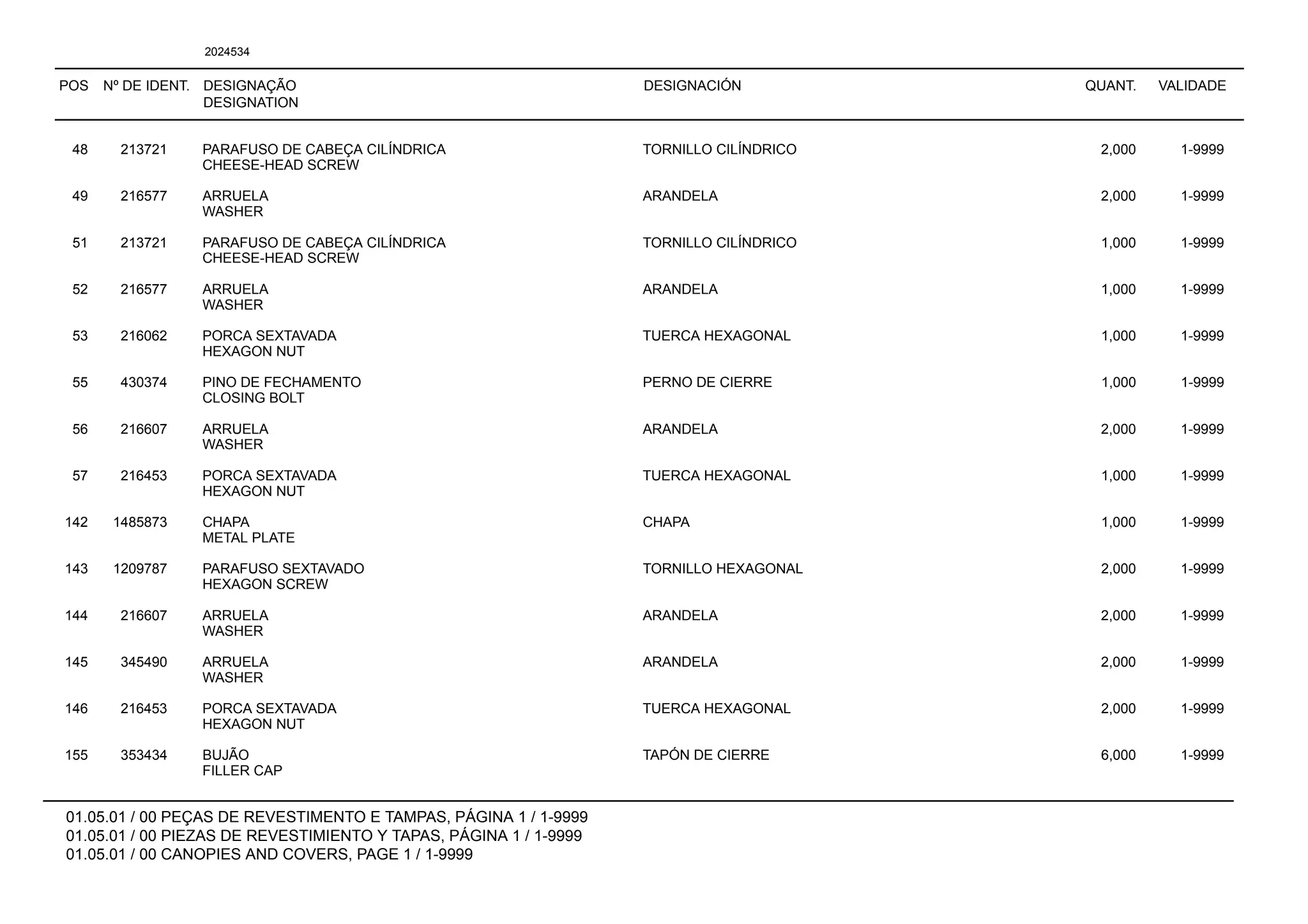 POS Nº DE IDENT. DESIGNAÇÃO
DESIGNATION
DESIGNACIÓN QUANT. VALIDADE
01.05.01 / 00 PEÇAS DE REVESTIMENTO E TAMPAS, PÁGINA 1 / 1-9999
01.05.01 / 00 PIEZAS DE REVESTIMIENTO Y TAPAS, PÁGINA 1 / 1-9999
01.05.01 / 00 CANOPIES AND COVERS, PAGE 1 / 1-9999
2024534
48 213721 PARAFUSO DE CABEÇA CILÍNDRICA TORNILLO CILÍNDRICO 2,000 1-9999
CHEESE-HEAD SCREW
49 216577 ARRUELA ARANDELA 2,000 1-9999
WASHER
51 213721 PARAFUSO DE CABEÇA CILÍNDRICA TORNILLO CILÍNDRICO 1,000 1-9999
CHEESE-HEAD SCREW
52 216577 ARRUELA ARANDELA 1,000 1-9999
WASHER
53 216062 PORCA SEXTAVADA TUERCA HEXAGONAL 1,000 1-9999
HEXAGON NUT
55 430374 PINO DE FECHAMENTO PERNO DE CIERRE 1,000 1-9999
CLOSING BOLT
56 216607 ARRUELA ARANDELA 2,000 1-9999
WASHER
57 216453 PORCA SEXTAVADA TUERCA HEXAGONAL 1,000 1-9999
HEXAGON NUT
142 1485873 CHAPA CHAPA 1,000 1-9999
METAL PLATE
143 1209787 PARAFUSO SEXTAVADO TORNILLO HEXAGONAL 2,000 1-9999
HEXAGON SCREW
144 216607 ARRUELA ARANDELA 2,000 1-9999
WASHER
145 345490 ARRUELA ARANDELA 2,000 1-9999
WASHER
146 216453 PORCA SEXTAVADA TUERCA HEXAGONAL 2,000 1-9999
HEXAGON NUT
155 353434 BUJÃO TAPÓN DE CIERRE 6,000 1-9999
FILLER CAP
 