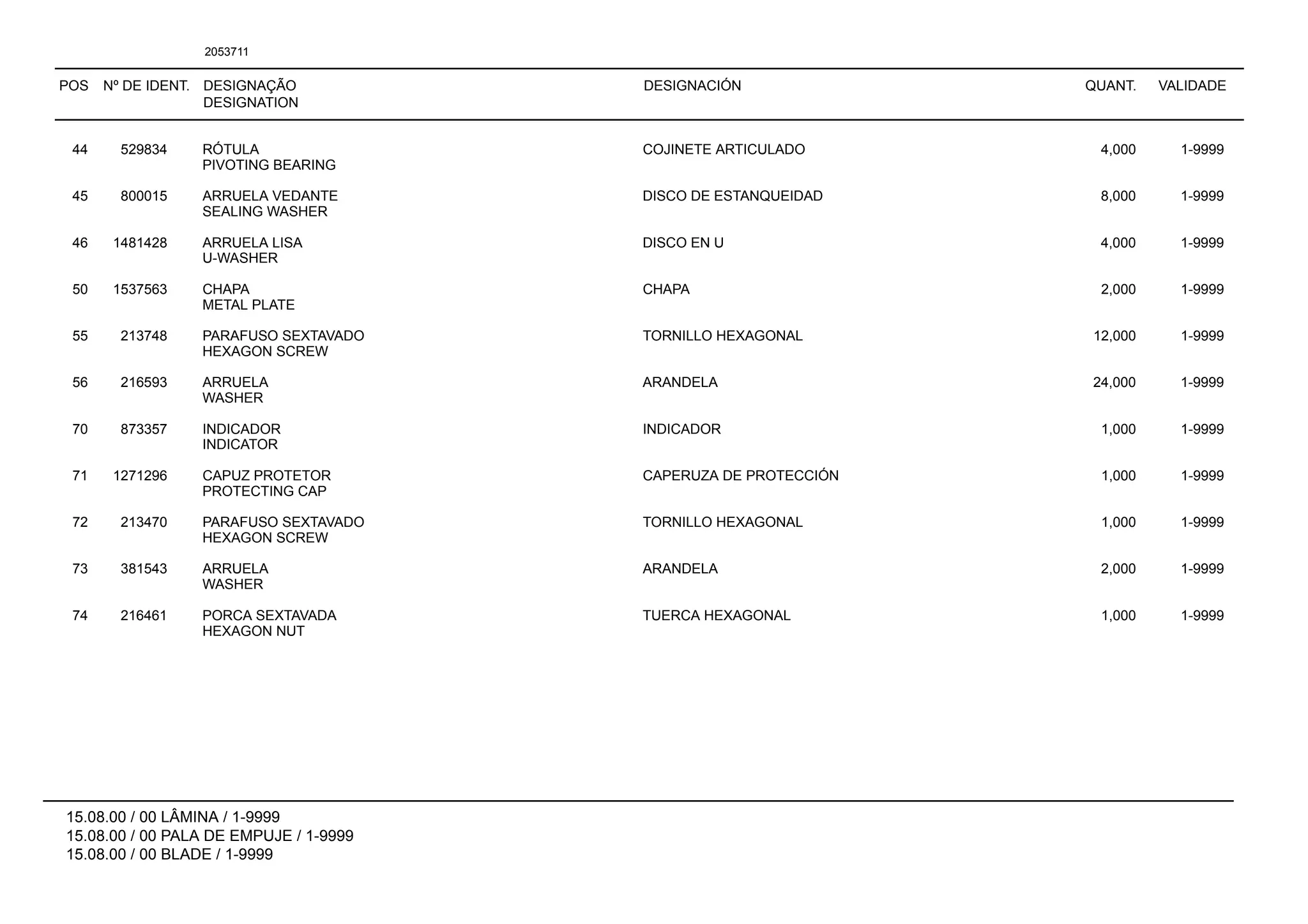 POS Nº DE IDENT. DESIGNAÇÃO
DESIGNATION
DESIGNACIÓN QUANT. VALIDADE
15.08.00 / 00 LÂMINA / 1-9999
15.08.00 / 00 PALA DE EMPUJE / 1-9999
15.08.00 / 00 BLADE / 1-9999
2053711
44 529834 RÓTULA COJINETE ARTICULADO 4,000 1-9999
PIVOTING BEARING
45 800015 ARRUELA VEDANTE DISCO DE ESTANQUEIDAD 8,000 1-9999
SEALING WASHER
46 1481428 ARRUELA LISA DISCO EN U 4,000 1-9999
U-WASHER
50 1537563 CHAPA CHAPA 2,000 1-9999
METAL PLATE
55 213748 PARAFUSO SEXTAVADO TORNILLO HEXAGONAL 12,000 1-9999
HEXAGON SCREW
56 216593 ARRUELA ARANDELA 24,000 1-9999
WASHER
70 873357 INDICADOR INDICADOR 1,000 1-9999
INDICATOR
71 1271296 CAPUZ PROTETOR CAPERUZA DE PROTECCIÓN 1,000 1-9999
PROTECTING CAP
72 213470 PARAFUSO SEXTAVADO TORNILLO HEXAGONAL 1,000 1-9999
HEXAGON SCREW
73 381543 ARRUELA ARANDELA 2,000 1-9999
WASHER
74 216461 PORCA SEXTAVADA TUERCA HEXAGONAL 1,000 1-9999
HEXAGON NUT
 