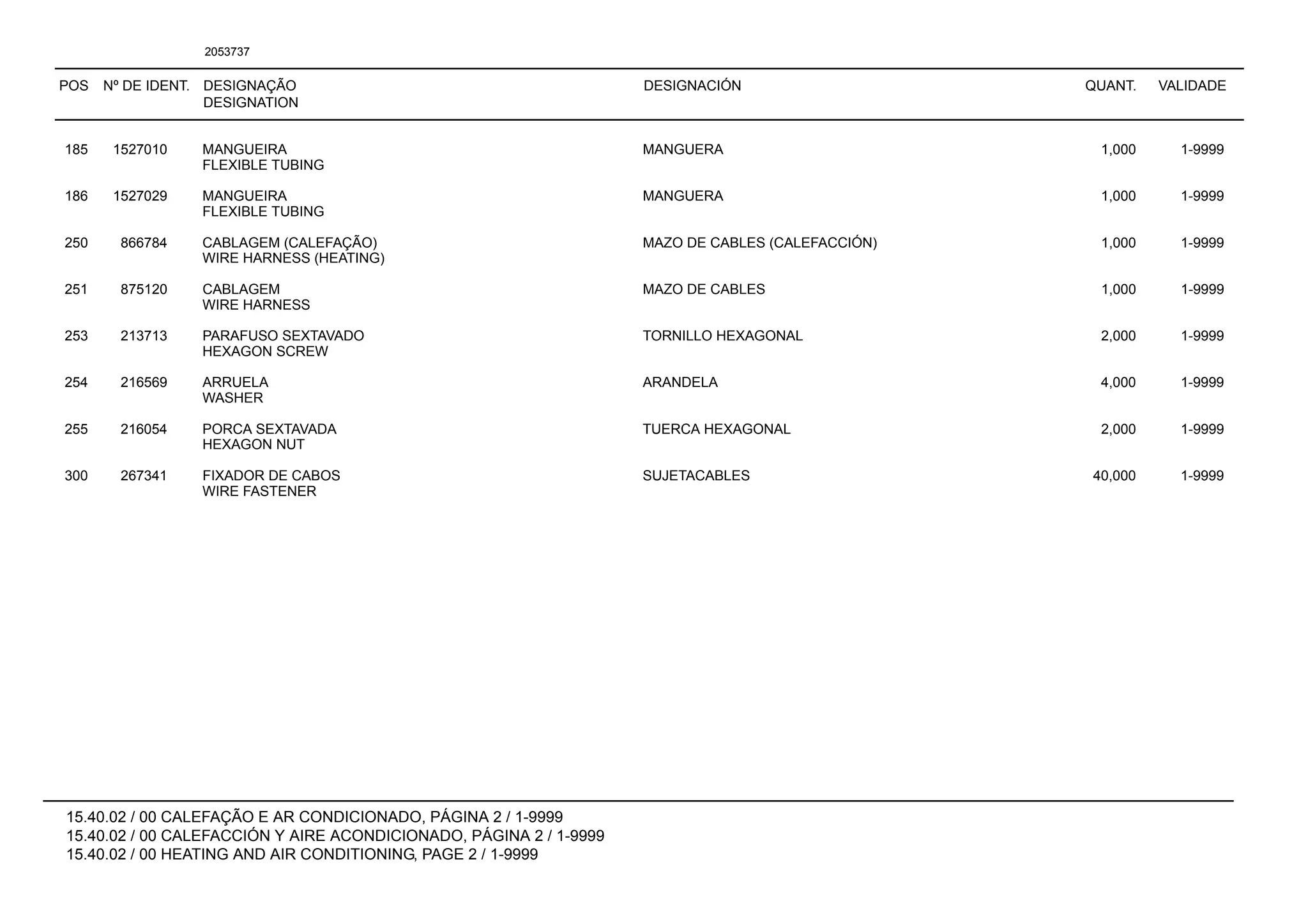 POS Nº DE IDENT. DESIGNAÇÃO
DESIGNATION
DESIGNACIÓN QUANT. VALIDADE
15.40.02 / 00 CALEFAÇÃO E AR CONDICIONADO, PÁGINA 2 / 1-9999
15.40.02 / 00 CALEFACCIÓN Y AIRE ACONDICIONADO, PÁGINA 2 / 1-9999
15.40.02 / 00 HEATING AND AIR CONDITIONING, PAGE 2 / 1-9999
2053737
185 1527010 MANGUEIRA MANGUERA 1,000 1-9999
FLEXIBLE TUBING
186 1527029 MANGUEIRA MANGUERA 1,000 1-9999
FLEXIBLE TUBING
250 866784 CABLAGEM (CALEFAÇÃO) MAZO DE CABLES (CALEFACCIÓN) 1,000 1-9999
WIRE HARNESS (HEATING)
251 875120 CABLAGEM MAZO DE CABLES 1,000 1-9999
WIRE HARNESS
253 213713 PARAFUSO SEXTAVADO TORNILLO HEXAGONAL 2,000 1-9999
HEXAGON SCREW
254 216569 ARRUELA ARANDELA 4,000 1-9999
WASHER
255 216054 PORCA SEXTAVADA TUERCA HEXAGONAL 2,000 1-9999
HEXAGON NUT
300 267341 FIXADOR DE CABOS SUJETACABLES 40,000 1-9999
WIRE FASTENER
 