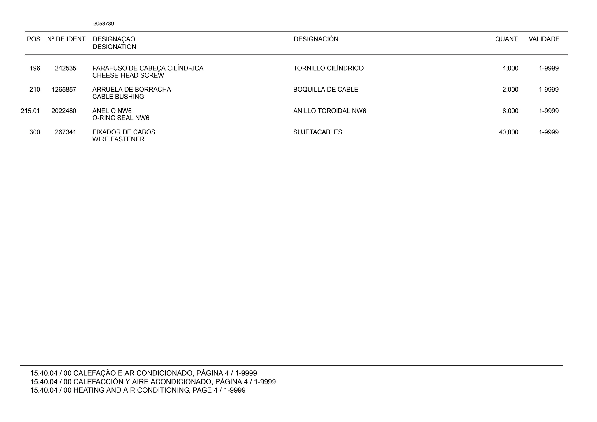 POS Nº DE IDENT. DESIGNAÇÃO
DESIGNATION
DESIGNACIÓN QUANT. VALIDADE
15.40.04 / 00 CALEFAÇÃO E AR CONDICIONADO, PÁGINA 4 / 1-9999
15.40.04 / 00 CALEFACCIÓN Y AIRE ACONDICIONADO, PÁGINA 4 / 1-9999
15.40.04 / 00 HEATING AND AIR CONDITIONING, PAGE 4 / 1-9999
2053739
196 242535 PARAFUSO DE CABEÇA CILÍNDRICA TORNILLO CILÍNDRICO 4,000 1-9999
CHEESE-HEAD SCREW
210 1265857 ARRUELA DE BORRACHA BOQUILLA DE CABLE 2,000 1-9999
CABLE BUSHING
215.01 2022480 ANEL O NW6 ANILLO TOROIDAL NW6 6,000 1-9999
O-RING SEAL NW6
300 267341 FIXADOR DE CABOS SUJETACABLES 40,000 1-9999
WIRE FASTENER
 