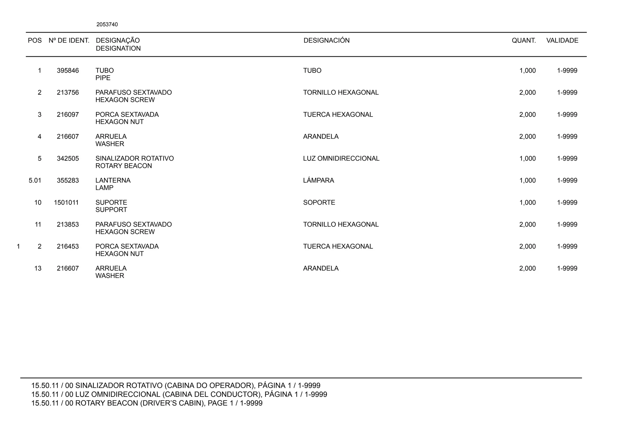 POS Nº DE IDENT. DESIGNAÇÃO
DESIGNATION
DESIGNACIÓN QUANT. VALIDADE
15.50.11 / 00 SINALIZADOR ROTATIVO (CABINA DO OPERADOR), PÁGINA 1 / 1-9999
15.50.11 / 00 LUZ OMNIDIRECCIONAL (CABINA DEL CONDUCTOR), PÁGINA 1 / 1-9999
15.50.11 / 00 ROTARY BEACON (DRIVER’S CABIN), PAGE 1 / 1-9999
2053740
1 395846 TUBO TUBO 1,000 1-9999
PIPE
2 213756 PARAFUSO SEXTAVADO TORNILLO HEXAGONAL 2,000 1-9999
HEXAGON SCREW
3 216097 PORCA SEXTAVADA TUERCA HEXAGONAL 2,000 1-9999
HEXAGON NUT
4 216607 ARRUELA ARANDELA 2,000 1-9999
WASHER
5 342505 SINALIZADOR ROTATIVO LUZ OMNIDIRECCIONAL 1,000 1-9999
ROTARY BEACON
5.01 355283 LANTERNA LÁMPARA 1,000 1-9999
LAMP
10 1501011 SUPORTE SOPORTE 1,000 1-9999
SUPPORT
11 213853 PARAFUSO SEXTAVADO TORNILLO HEXAGONAL 2,000 1-9999
HEXAGON SCREW
1 2 216453 PORCA SEXTAVADA TUERCA HEXAGONAL 2,000 1-9999
HEXAGON NUT
13 216607 ARRUELA ARANDELA 2,000 1-9999
WASHER
 
