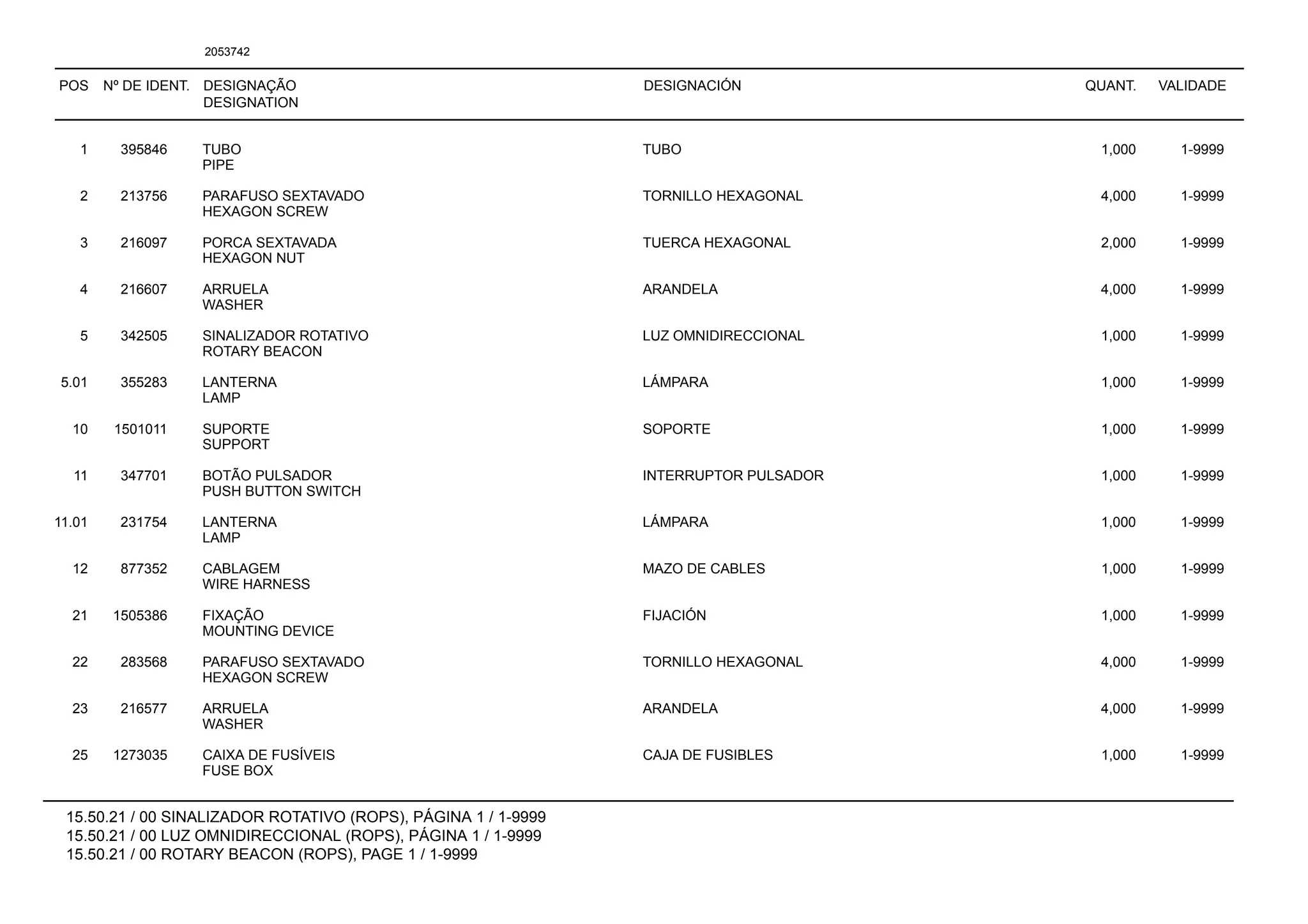 POS Nº DE IDENT. DESIGNAÇÃO
DESIGNATION
DESIGNACIÓN QUANT. VALIDADE
15.50.21 / 00 SINALIZADOR ROTATIVO (ROPS), PÁGINA 1 / 1-9999
15.50.21 / 00 LUZ OMNIDIRECCIONAL (ROPS), PÁGINA 1 / 1-9999
15.50.21 / 00 ROTARY BEACON (ROPS), PAGE 1 / 1-9999
2053742
1 395846 TUBO TUBO 1,000 1-9999
PIPE
2 213756 PARAFUSO SEXTAVADO TORNILLO HEXAGONAL 4,000 1-9999
HEXAGON SCREW
3 216097 PORCA SEXTAVADA TUERCA HEXAGONAL 2,000 1-9999
HEXAGON NUT
4 216607 ARRUELA ARANDELA 4,000 1-9999
WASHER
5 342505 SINALIZADOR ROTATIVO LUZ OMNIDIRECCIONAL 1,000 1-9999
ROTARY BEACON
5.01 355283 LANTERNA LÁMPARA 1,000 1-9999
LAMP
10 1501011 SUPORTE SOPORTE 1,000 1-9999
SUPPORT
11 347701 BOTÃO PULSADOR INTERRUPTOR PULSADOR 1,000 1-9999
PUSH BUTTON SWITCH
11.01 231754 LANTERNA LÁMPARA 1,000 1-9999
LAMP
12 877352 CABLAGEM MAZO DE CABLES 1,000 1-9999
WIRE HARNESS
21 1505386 FIXAÇÃO FIJACIÓN 1,000 1-9999
MOUNTING DEVICE
22 283568 PARAFUSO SEXTAVADO TORNILLO HEXAGONAL 4,000 1-9999
HEXAGON SCREW
23 216577 ARRUELA ARANDELA 4,000 1-9999
WASHER
25 1273035 CAIXA DE FUSÍVEIS CAJA DE FUSIBLES 1,000 1-9999
FUSE BOX
 