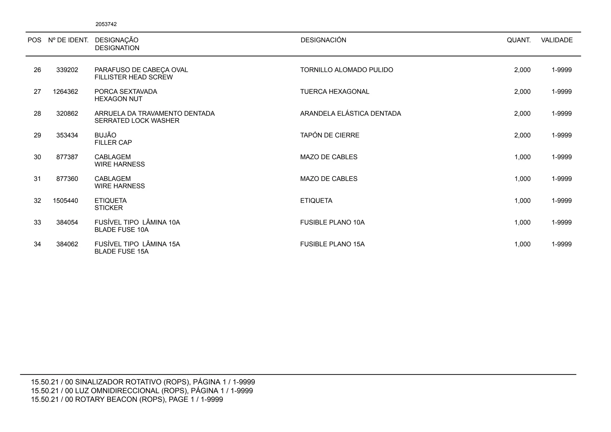 POS Nº DE IDENT. DESIGNAÇÃO
DESIGNATION
DESIGNACIÓN QUANT. VALIDADE
15.50.21 / 00 SINALIZADOR ROTATIVO (ROPS), PÁGINA 1 / 1-9999
15.50.21 / 00 LUZ OMNIDIRECCIONAL (ROPS), PÁGINA 1 / 1-9999
15.50.21 / 00 ROTARY BEACON (ROPS), PAGE 1 / 1-9999
2053742
26 339202 PARAFUSO DE CABEÇA OVAL TORNILLO ALOMADO PULIDO 2,000 1-9999
FILLISTER HEAD SCREW
27 1264362 PORCA SEXTAVADA TUERCA HEXAGONAL 2,000 1-9999
HEXAGON NUT
28 320862 ARRUELA DA TRAVAMENTO DENTADA ARANDELA ELÁSTICA DENTADA 2,000 1-9999
SERRATED LOCK WASHER
29 353434 BUJÃO TAPÓN DE CIERRE 2,000 1-9999
FILLER CAP
30 877387 CABLAGEM MAZO DE CABLES 1,000 1-9999
WIRE HARNESS
31 877360 CABLAGEM MAZO DE CABLES 1,000 1-9999
WIRE HARNESS
32 1505440 ETIQUETA ETIQUETA 1,000 1-9999
STICKER
33 384054 FUSÍVEL TIPO LÂMINA 10A FUSIBLE PLANO 10A 1,000 1-9999
BLADE FUSE 10A
34 384062 FUSÍVEL TIPO LÂMINA 15A FUSIBLE PLANO 15A 1,000 1-9999
BLADE FUSE 15A
 